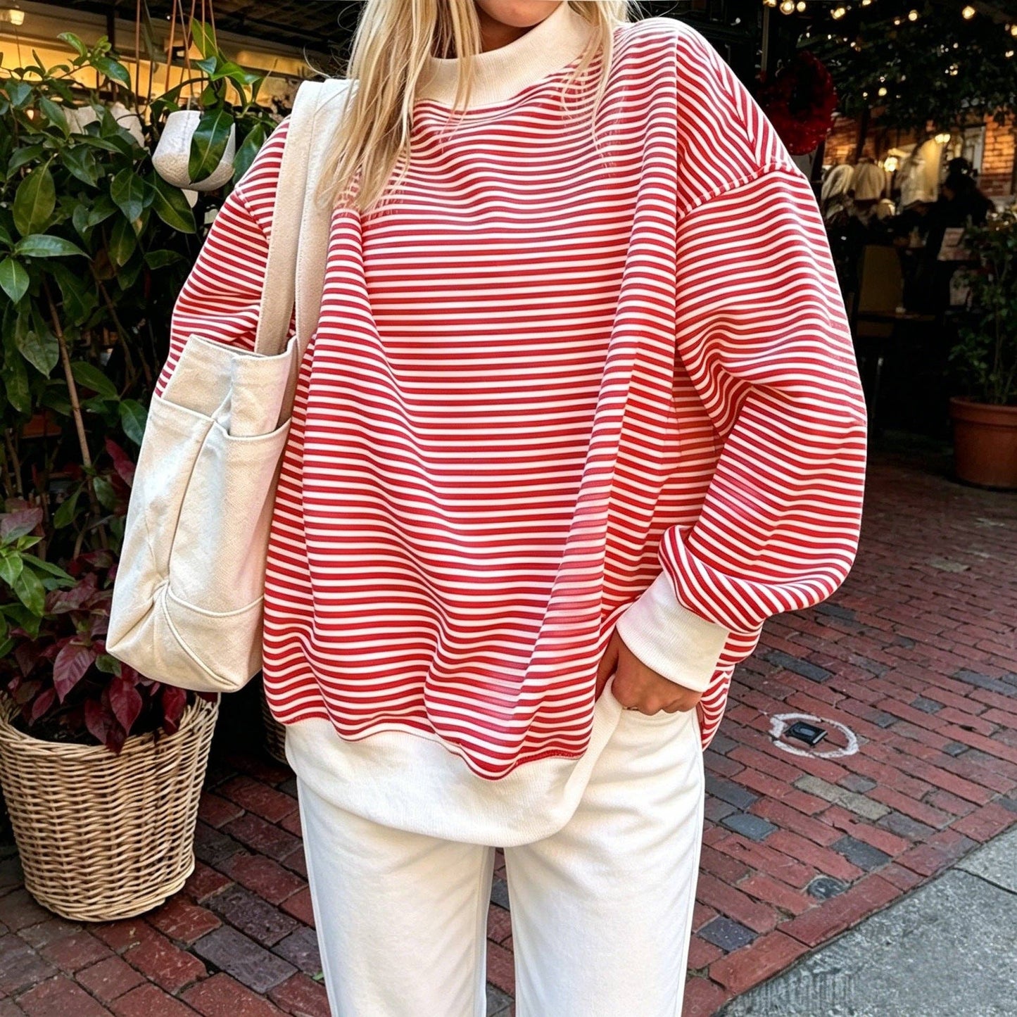 Striped Cotton Sweatshirt Oversized Long Sleeve Top