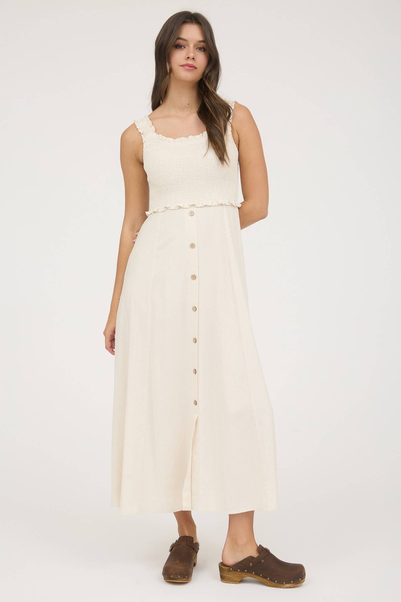 SMOCKED SLEEVELESS BUTTON DOWN MIDI DRESS