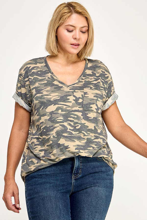 CAMOUFLAGE PRINT S/S WITH FRONT POCKET TOP