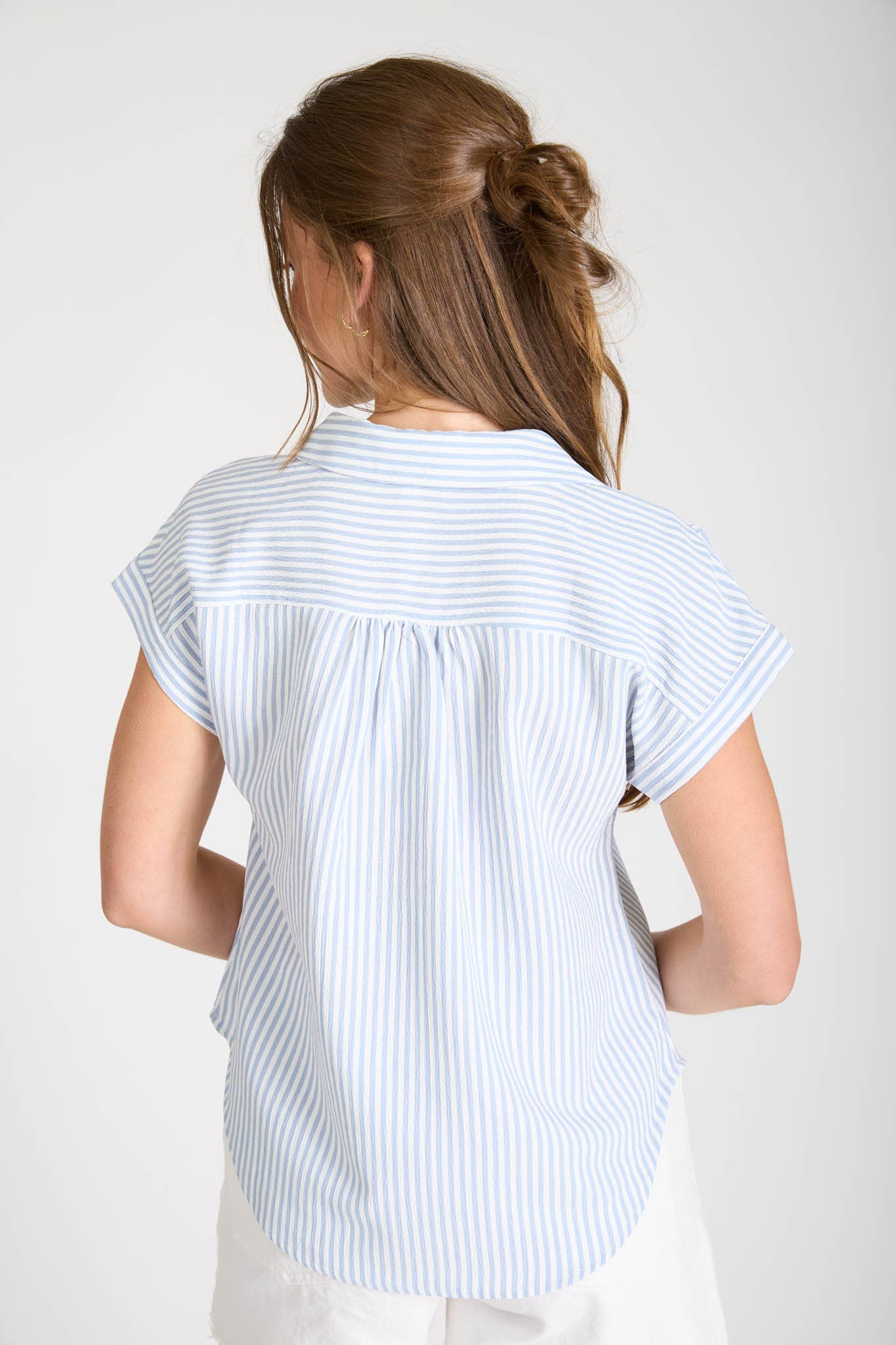 STRIPE COLLARED V NECK CUFF SLEEVE SHIRT