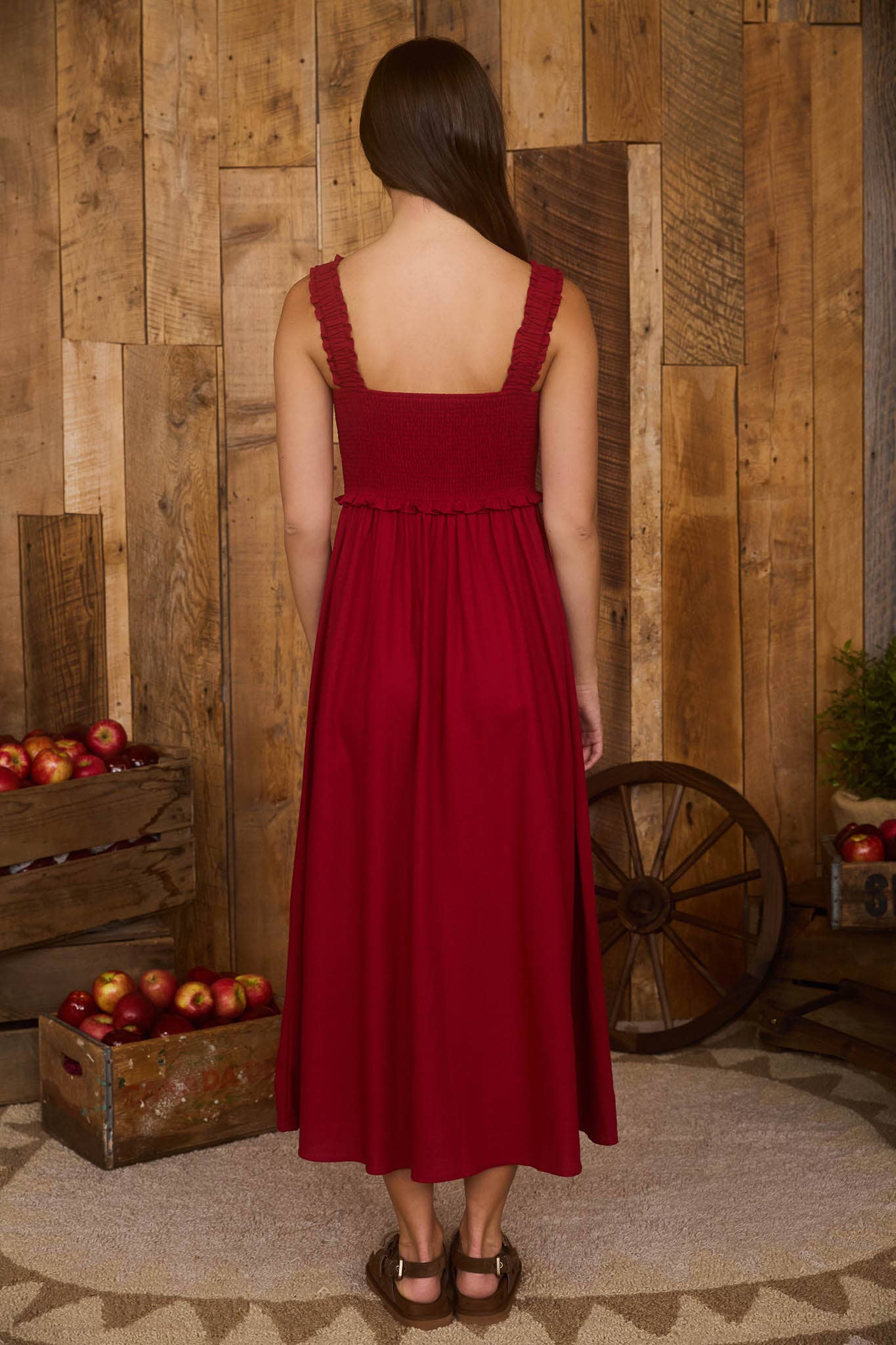 SMOCKED SLEEVELESS BUTTON DOWN MIDI DRESS