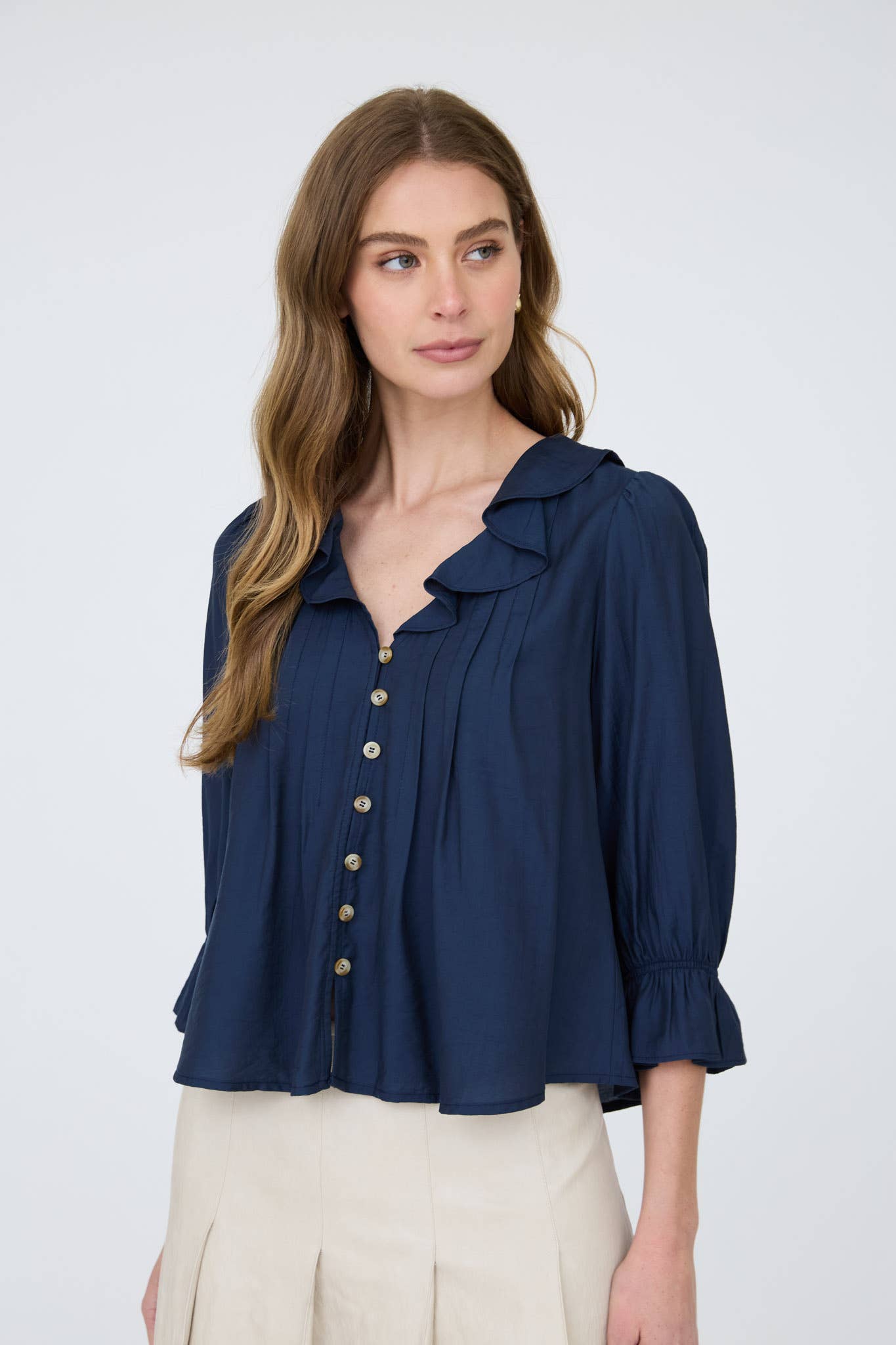 RUFFLED V NECK BUTTON DOWN 3/4 SLEEVE BLOUSE (PRE-ORDER)