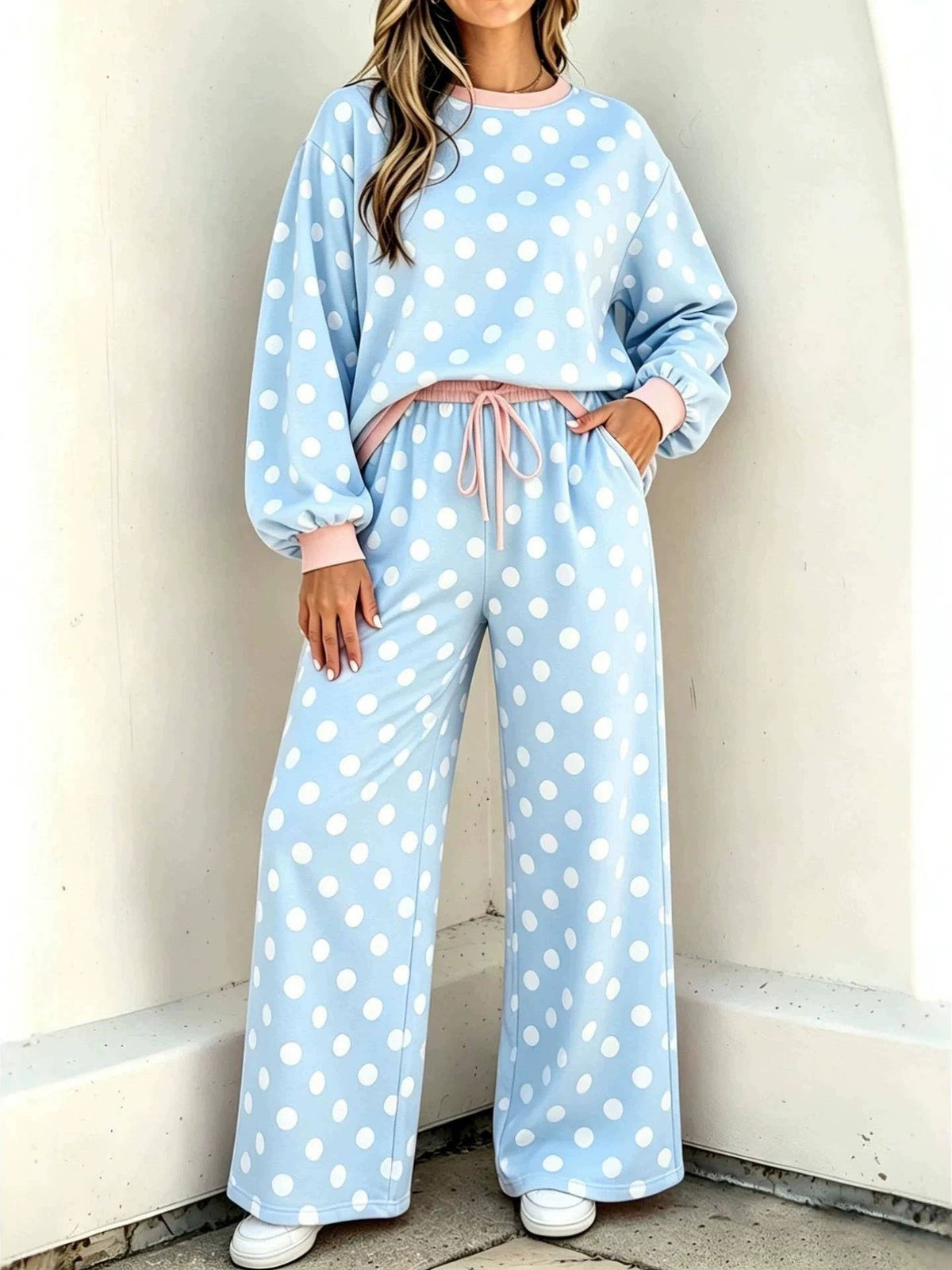 Casual Versatile Two Tone Polka Dots Crewneck Top 2PC Set