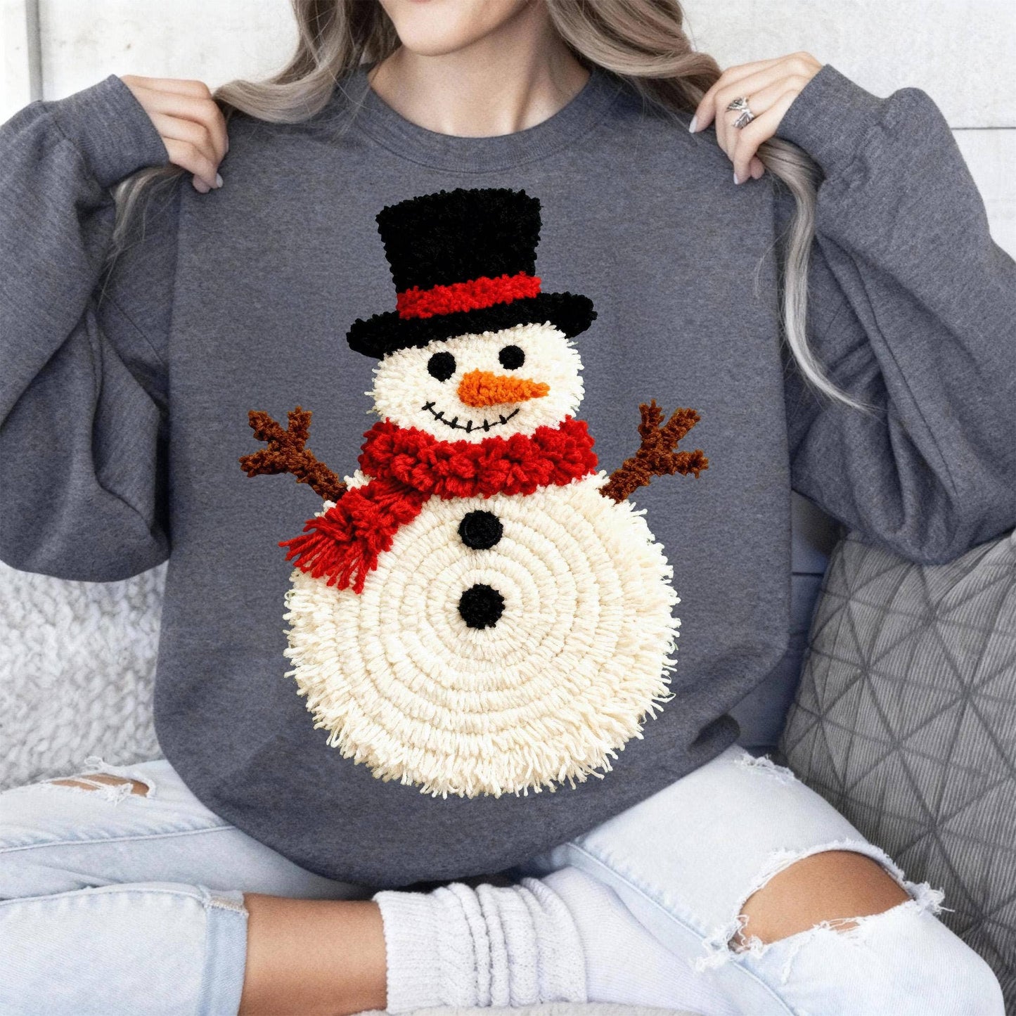 Comfort Colors Latch Hook Yarn Faux Crochet Snowman Shirt
