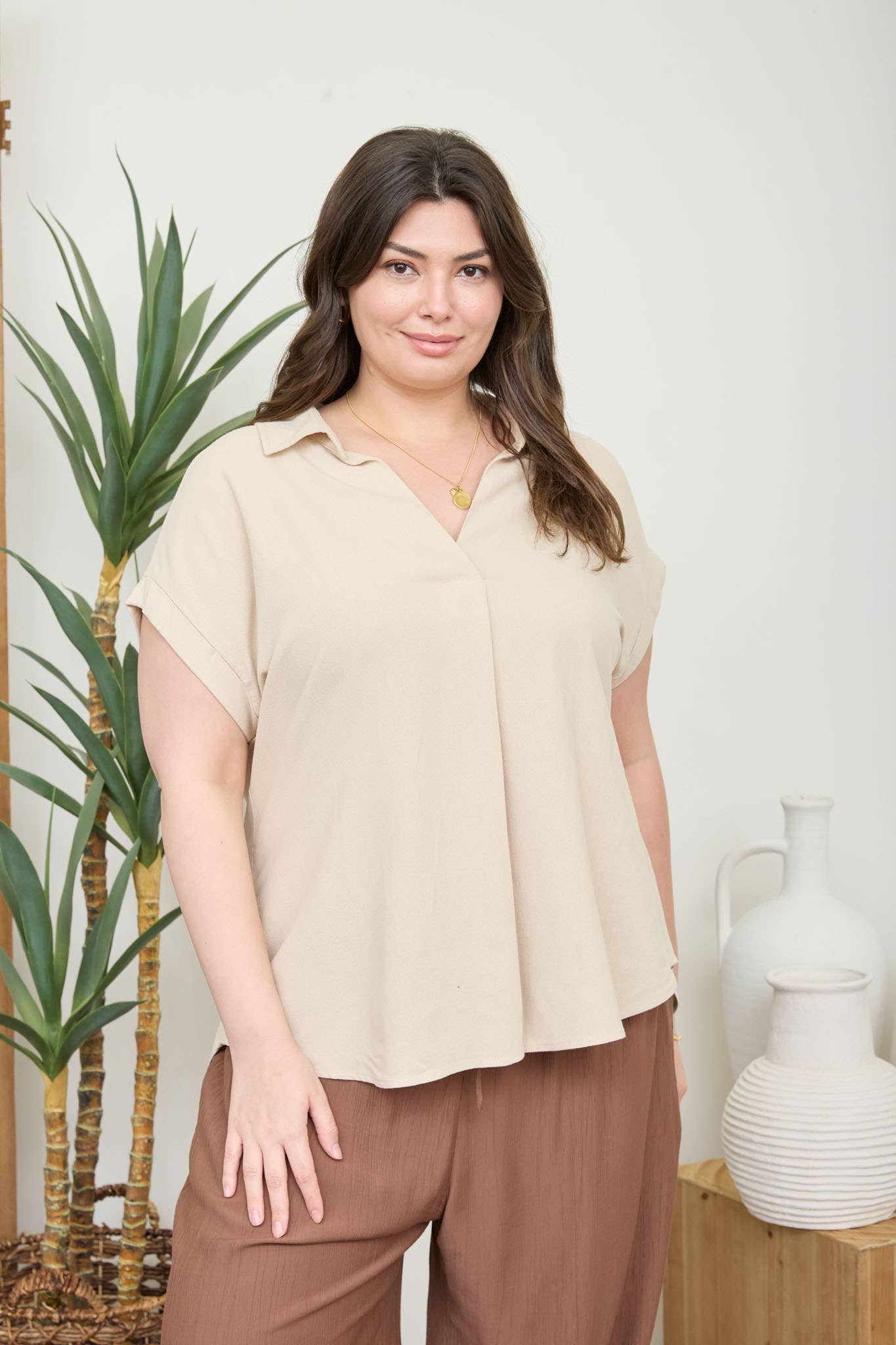 PLUS COLLARED SPLIT NECK CUFF SLEEVE LINEN TOP
