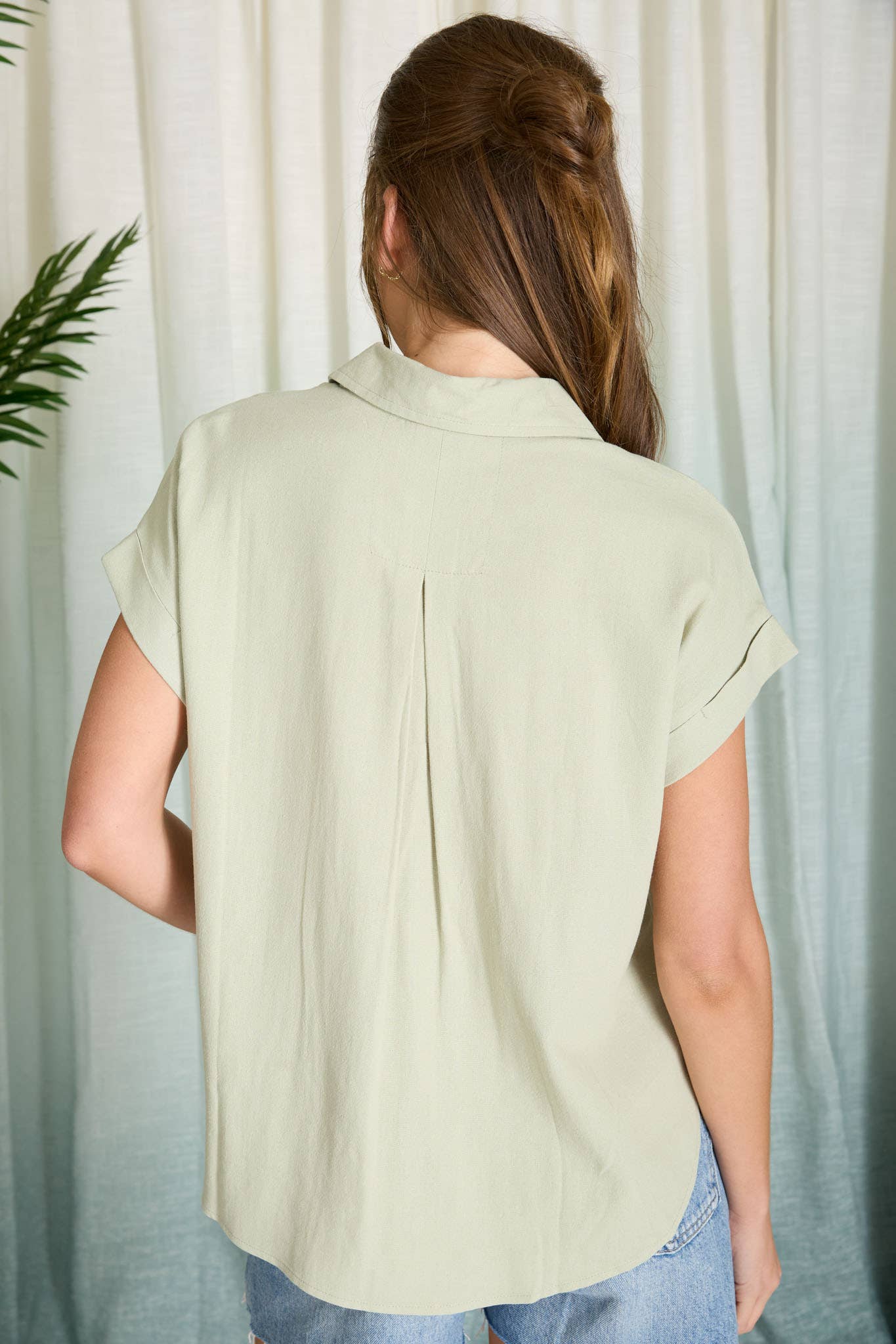 COLLARED SPLIT NECK CUFF SLEEVE U HEM LINEN TOP