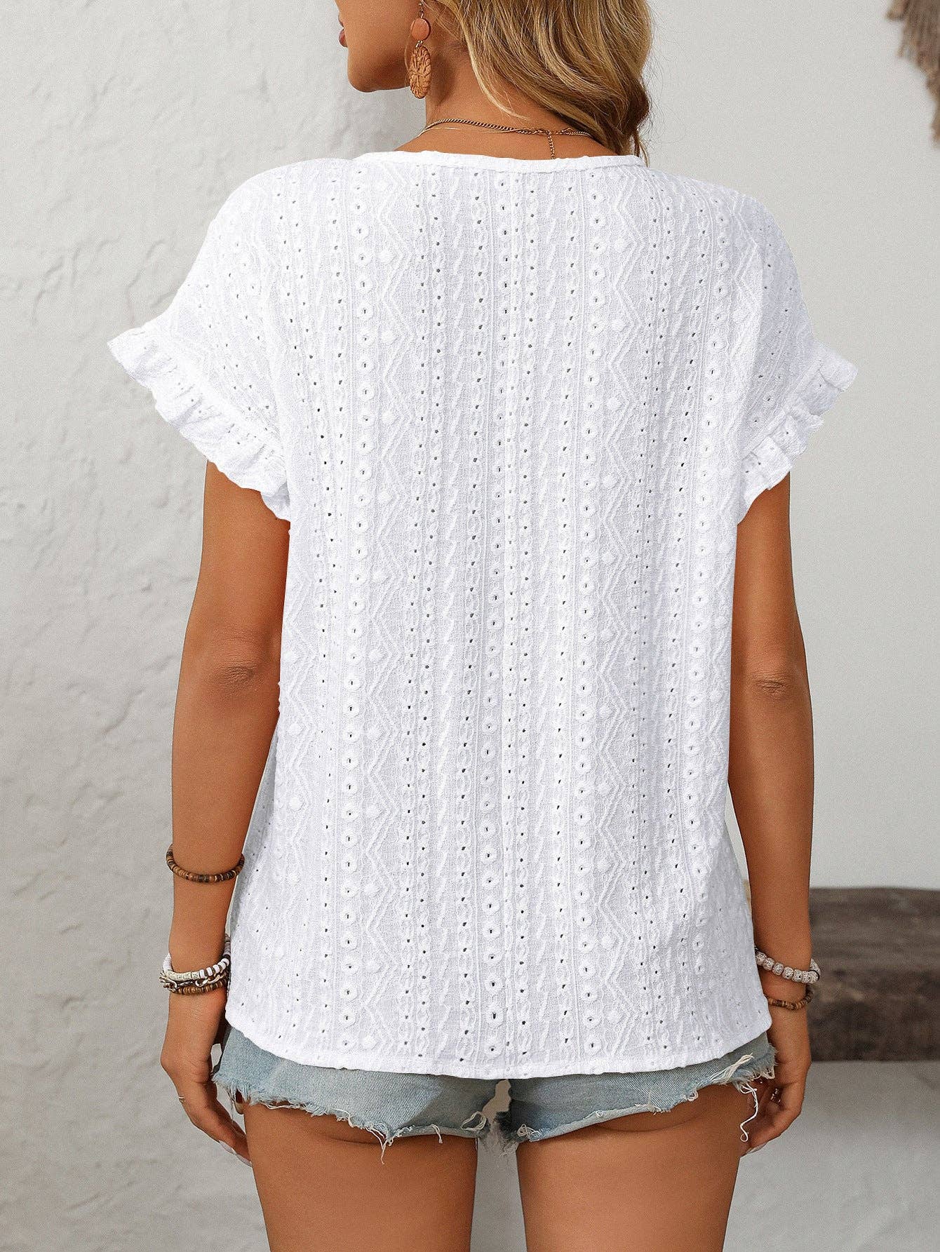 Solid Color Crewneck Sweet Short-Sleeve Hollow-Out Top
