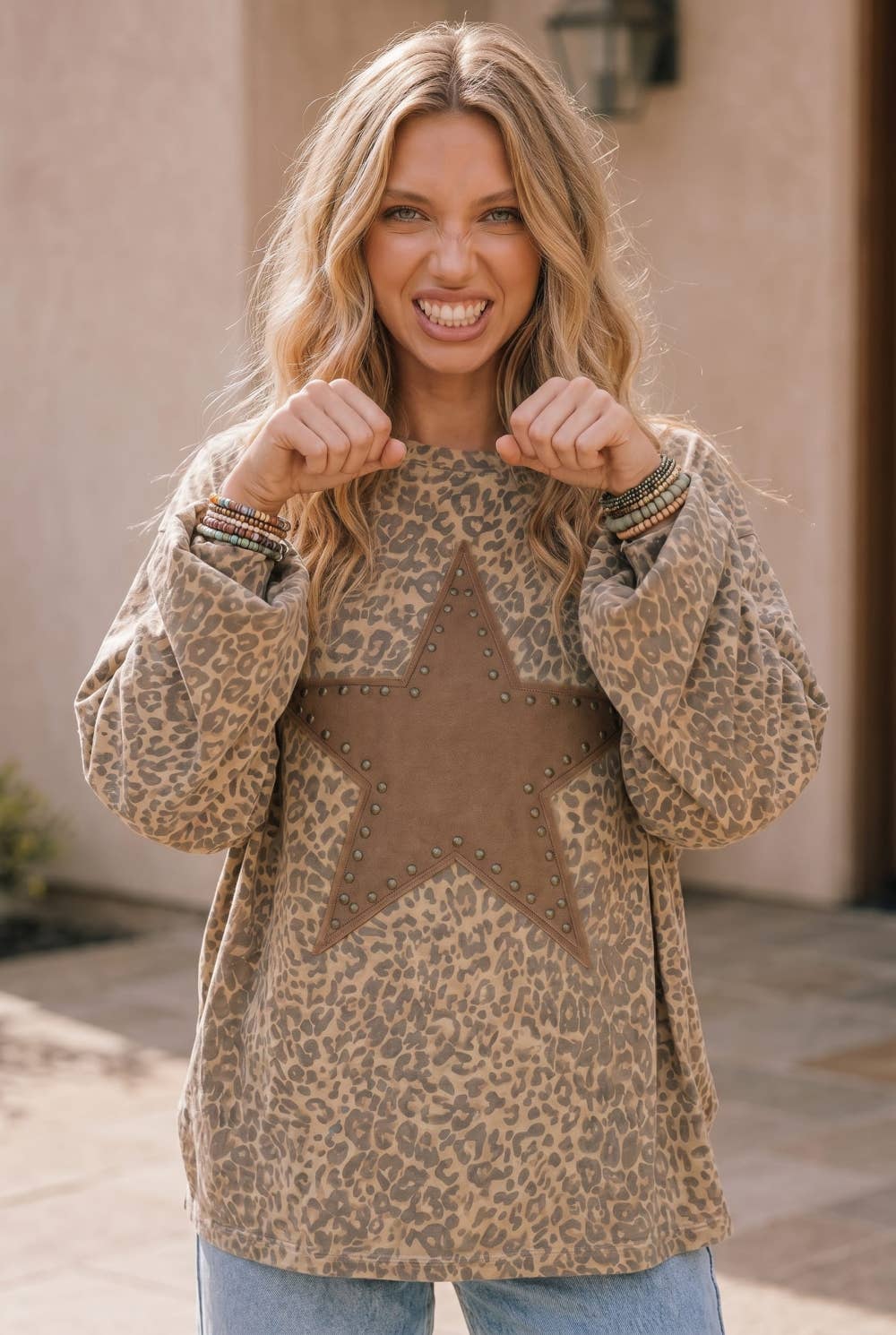 Leopard Print Star Patch Oversized Pullover