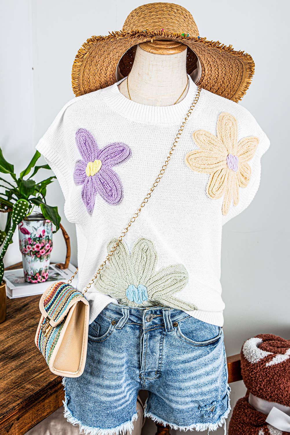 Crochet Flower Knit Short Sleeve Sweater Tops