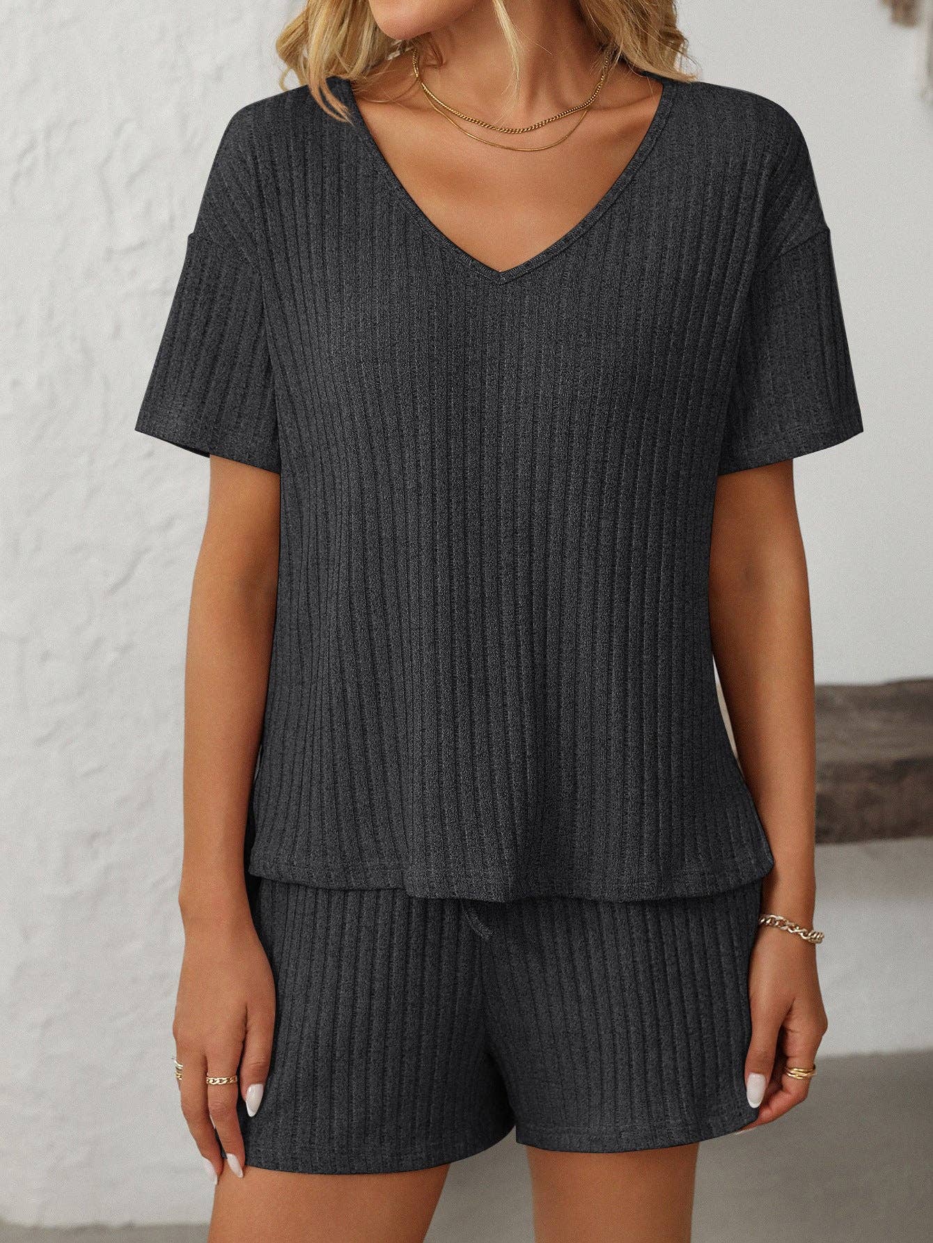 Solid Color Ribbed Short-Sleeve Pajama Loungewear Set