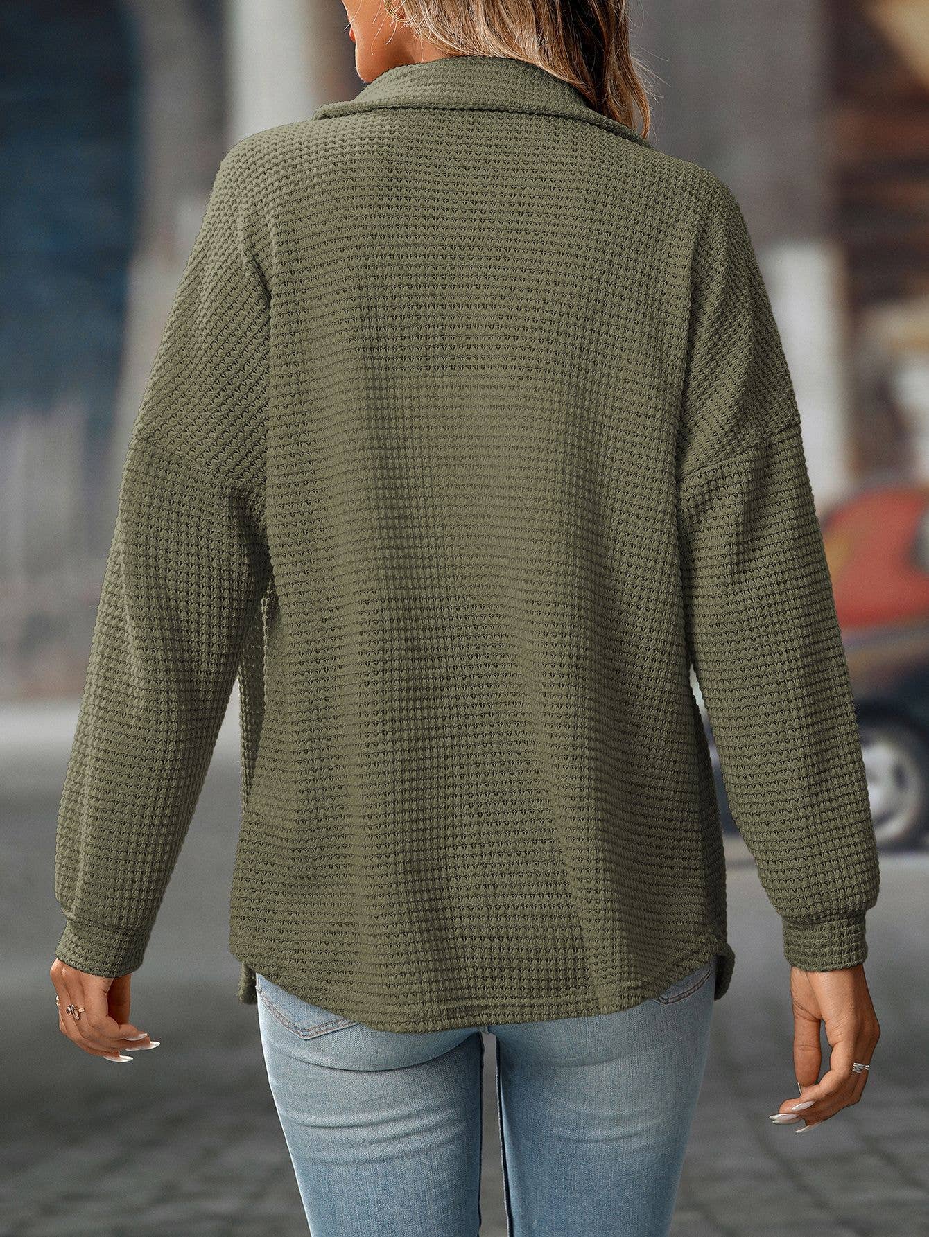 Waffle Knit Button Down Shacket Relaxed Fit Jacket