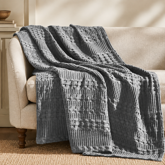 Dark Gray Waffle Weave Throw Blanket – Cotton 50x60
