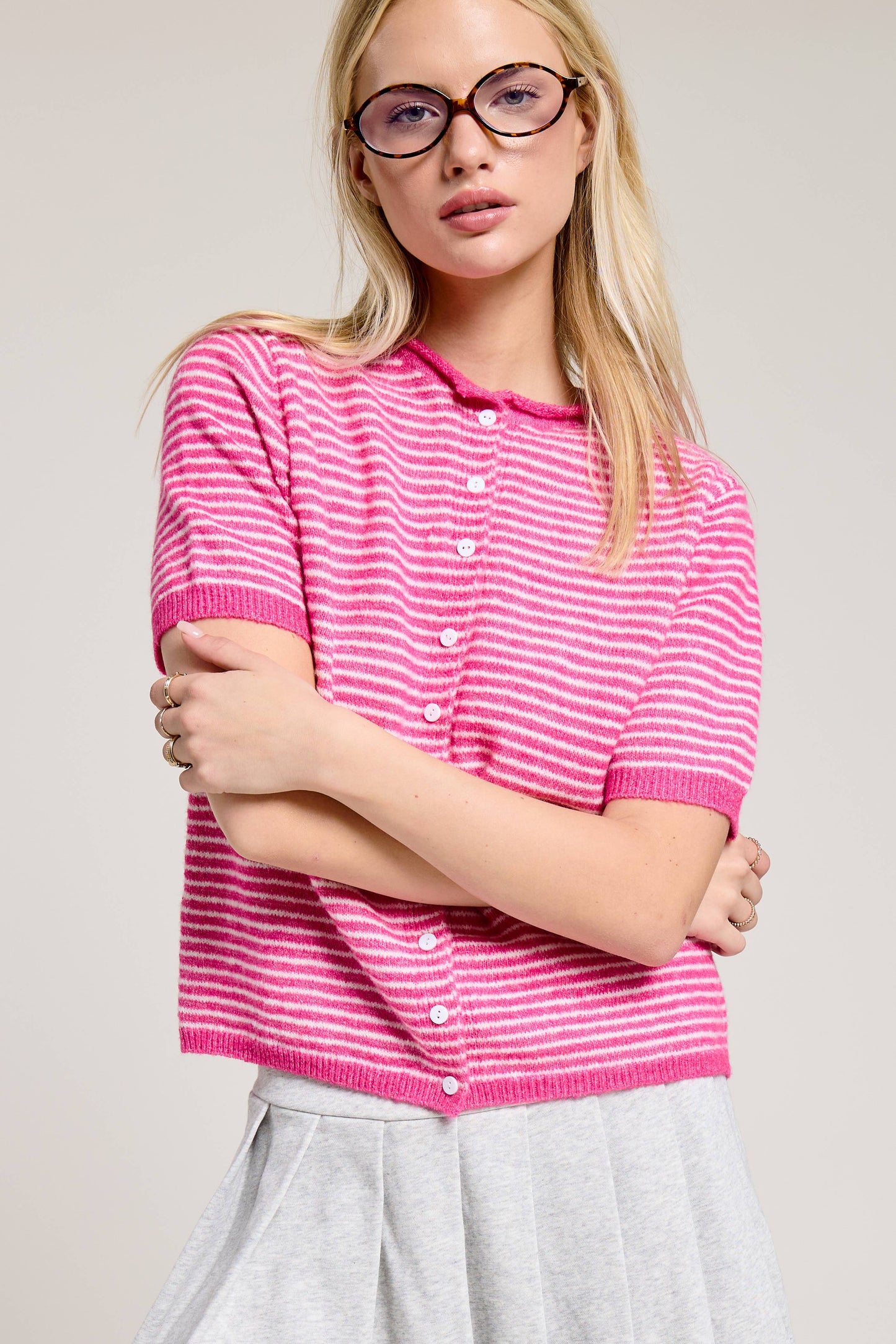 Striped Short Sleeve Button Cardigan