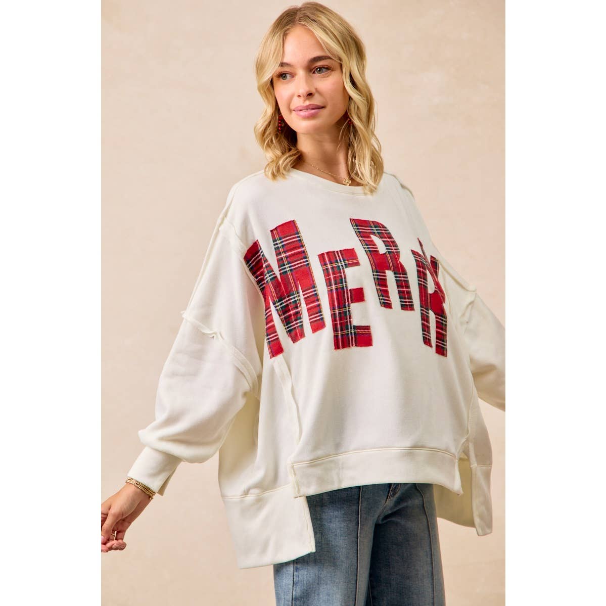 CHRISTMAS PLAID MERRY LETTERING FLEECE SWEATSHIRT