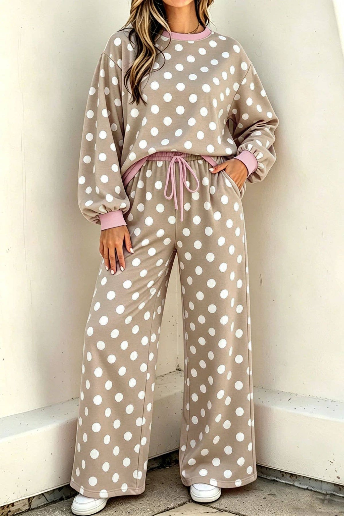 Casual Versatile Two Tone Polka Dots Crewneck Top 2PC Set