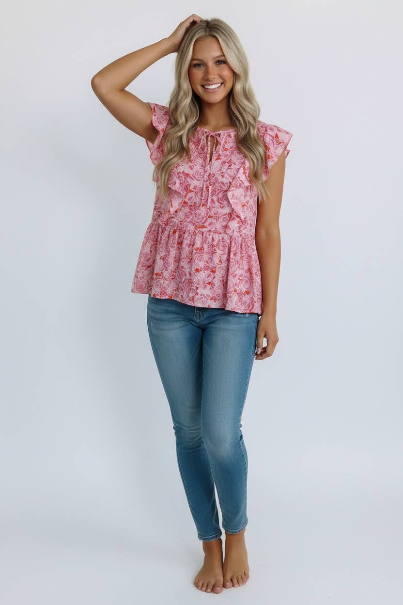 KEYHOLE RUFFLE BABYDOLL SLEEVELESS FLORAL BLOUSE
