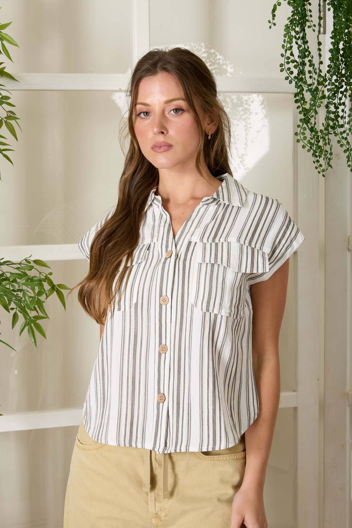 PLUS STRIPE SHORT SLEEVE POCKET TAB DETAIL SHIRT