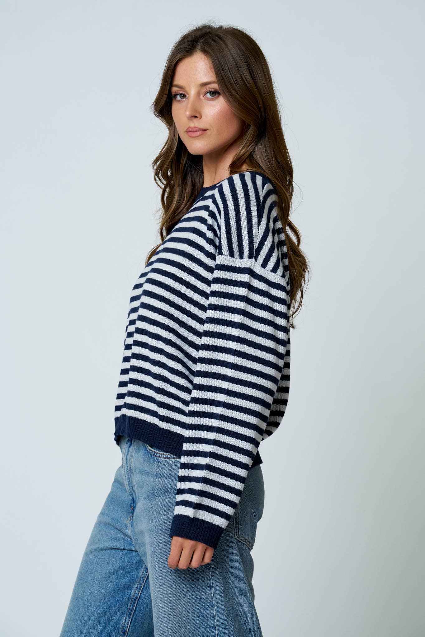 STRIPE RELAXED BACK BUTTON DETAIL KNIT SWEATER