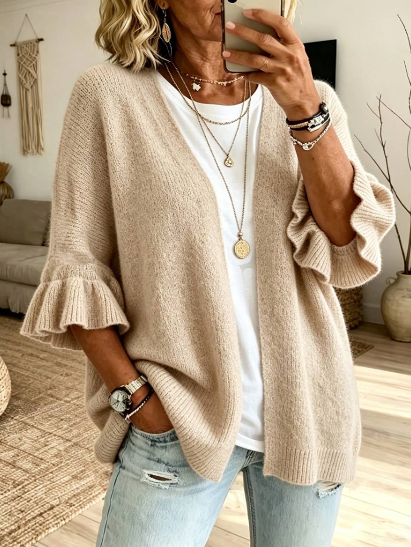 Solid 3/4 Sleeve Knit Cardigan