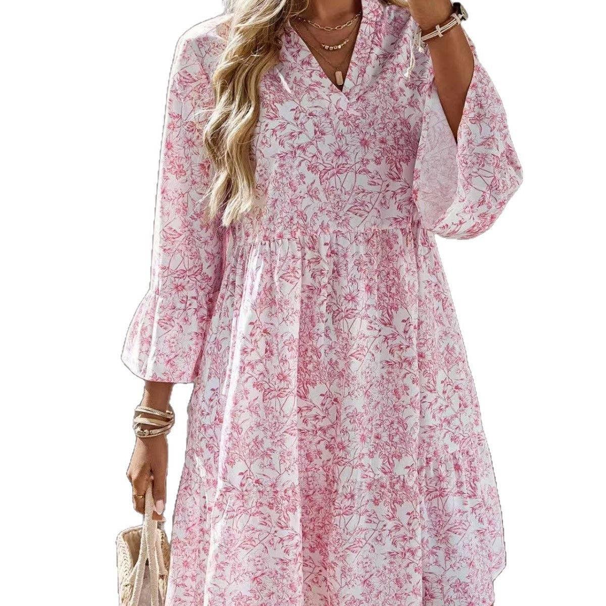 Coquette Flare Sleeve Ditsy Floral Relaxed Fall Mini Dress