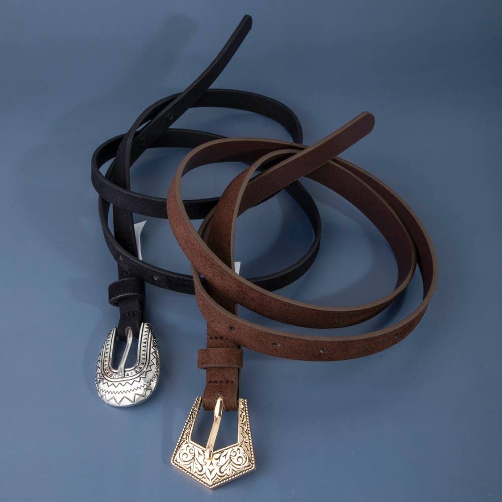 Embroidered Buckle Black And Brown Vegan Leather Belt Set