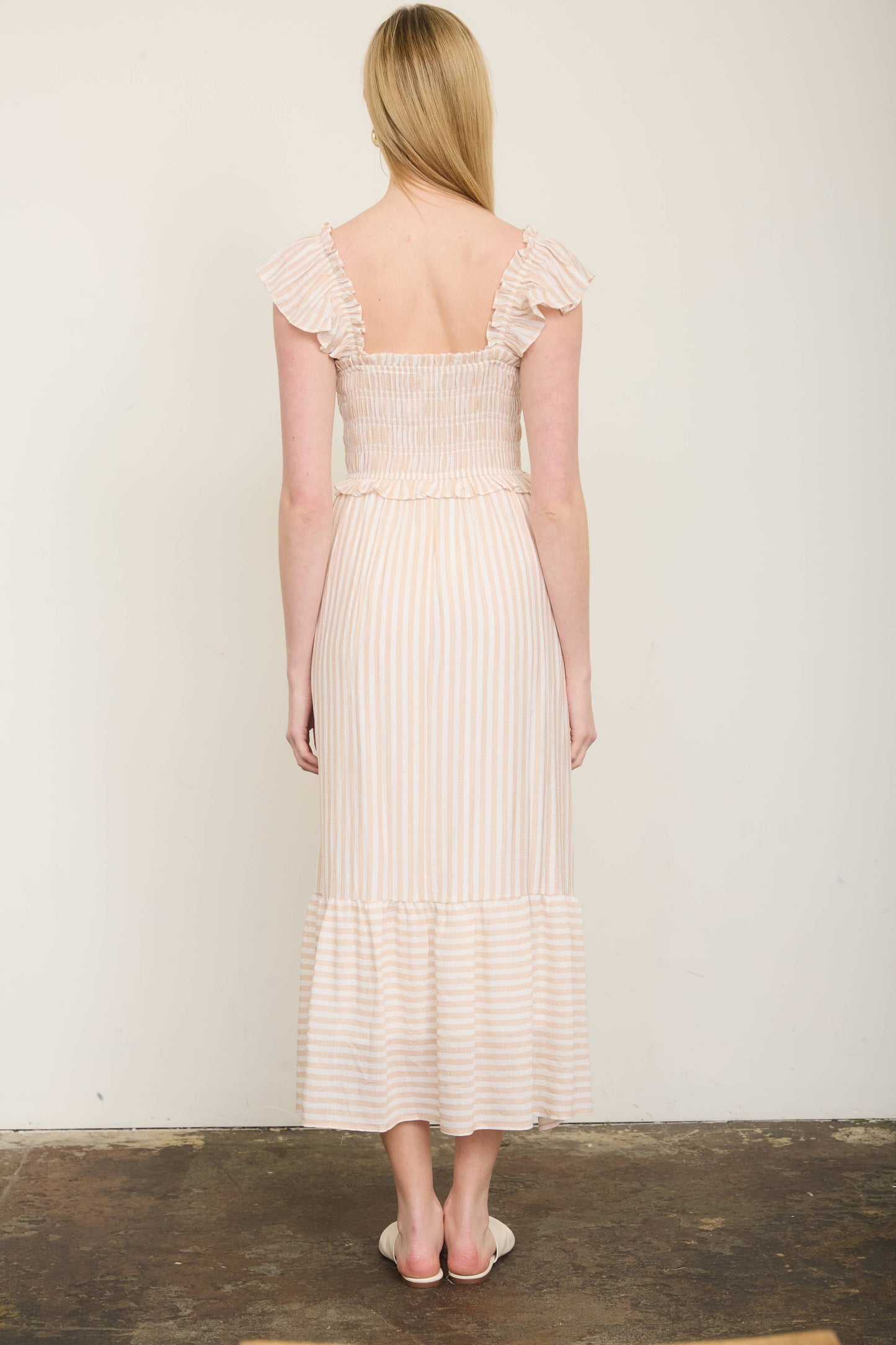 STRIPE SMOCKED RUFFLE TRIM MIDI DRESS