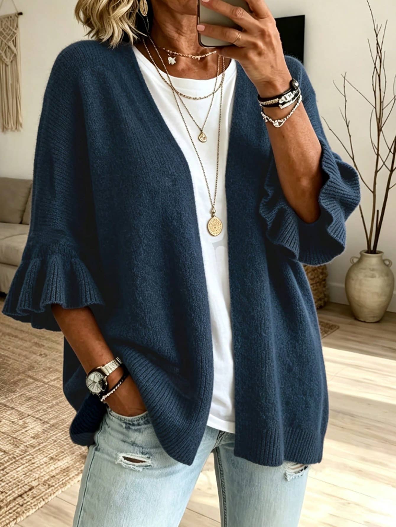 Solid 3/4 Sleeve Knit Cardigan