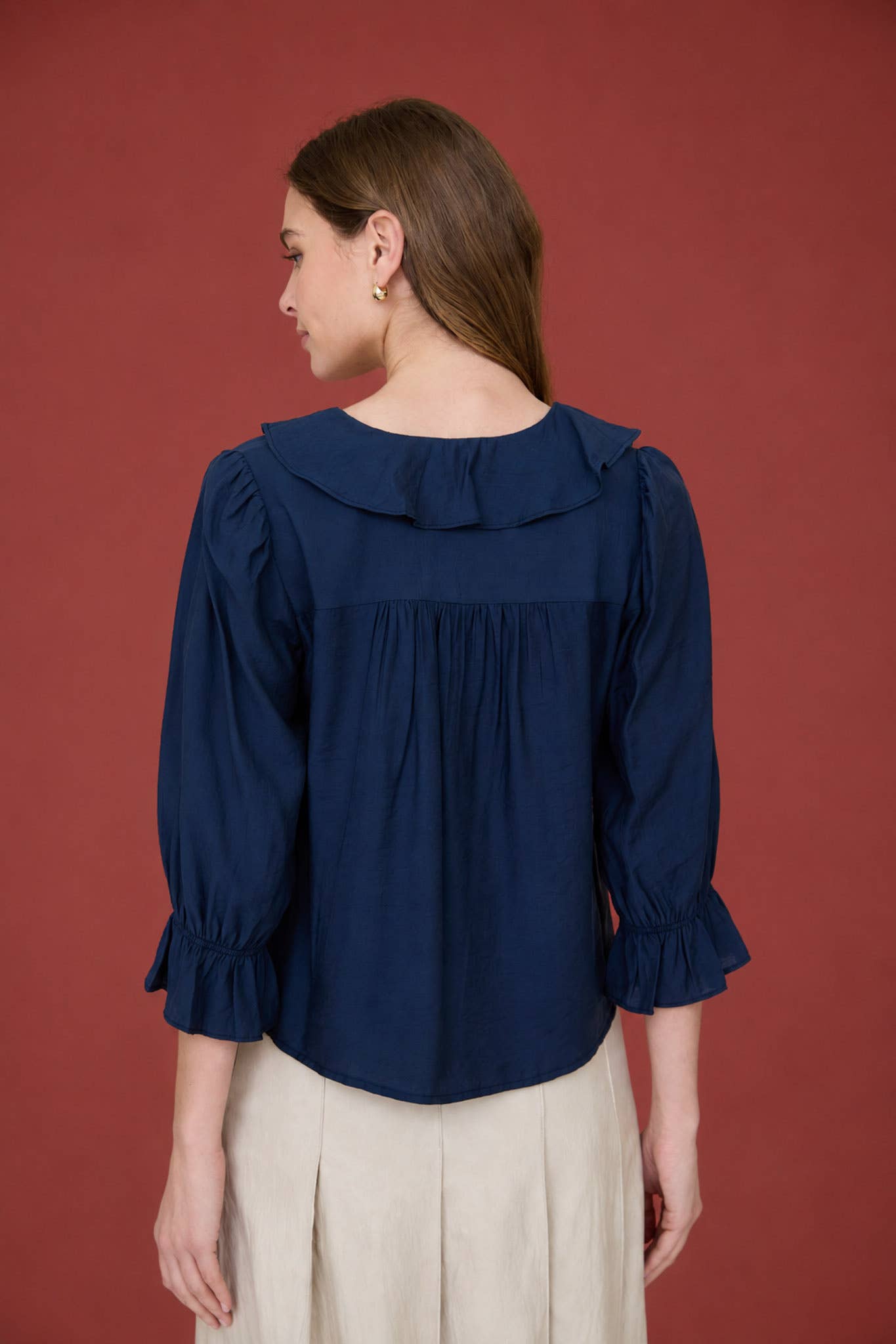 RUFFLED V NECK BUTTON DOWN 3/4 SLEEVE BLOUSE (PRE-ORDER)