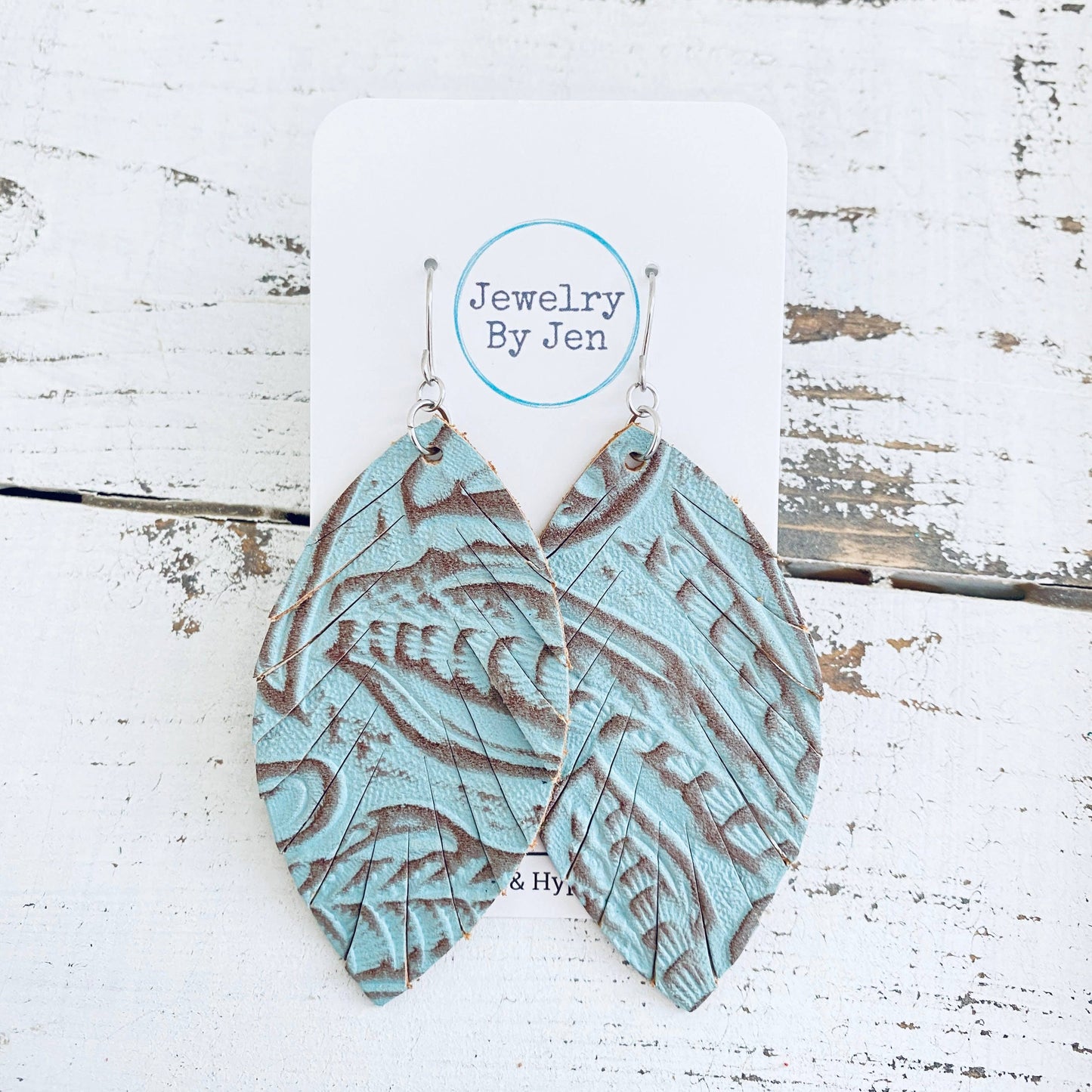 Fringe Leaf Earrings: Turquoise & Brown Western Tooled