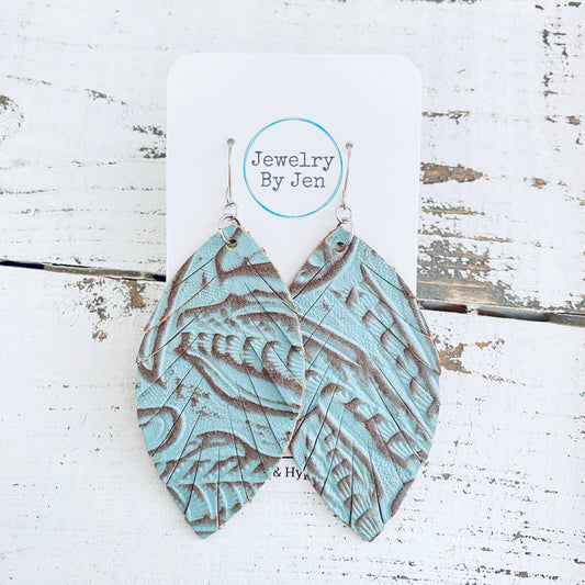Fringe Leaf Earrings: Turquoise & Brown Western Tooled