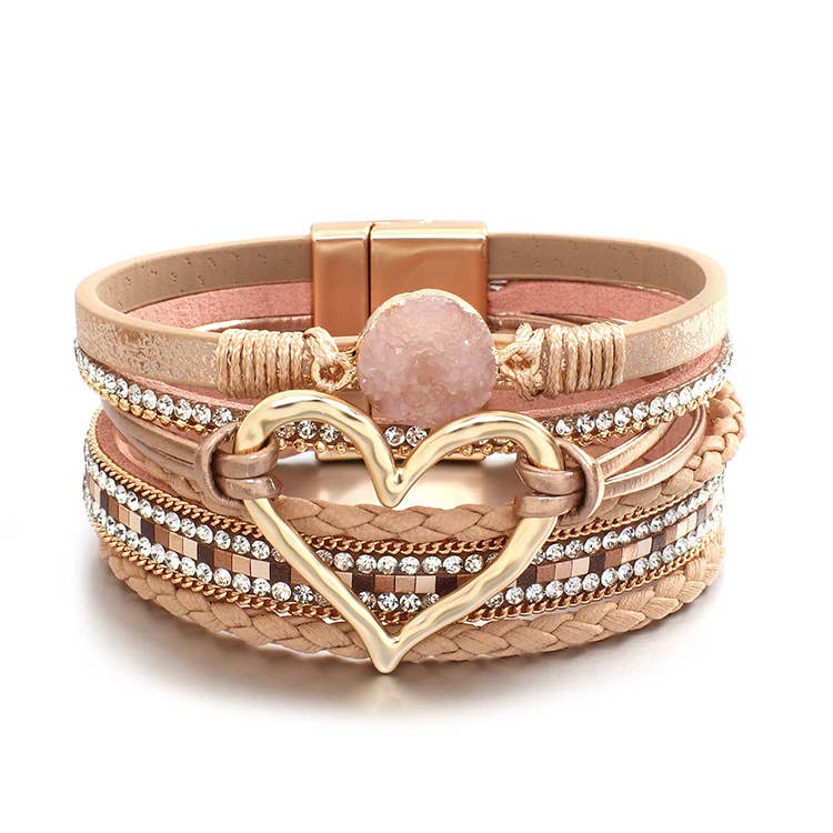 Boho Layered Heart Charm Rhinestone Magnetic Bracelet