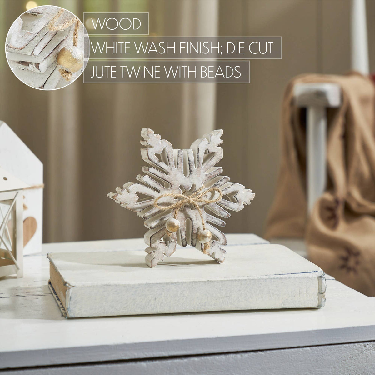 Distressed White Wooden Snowflake 7.75x7.75x1