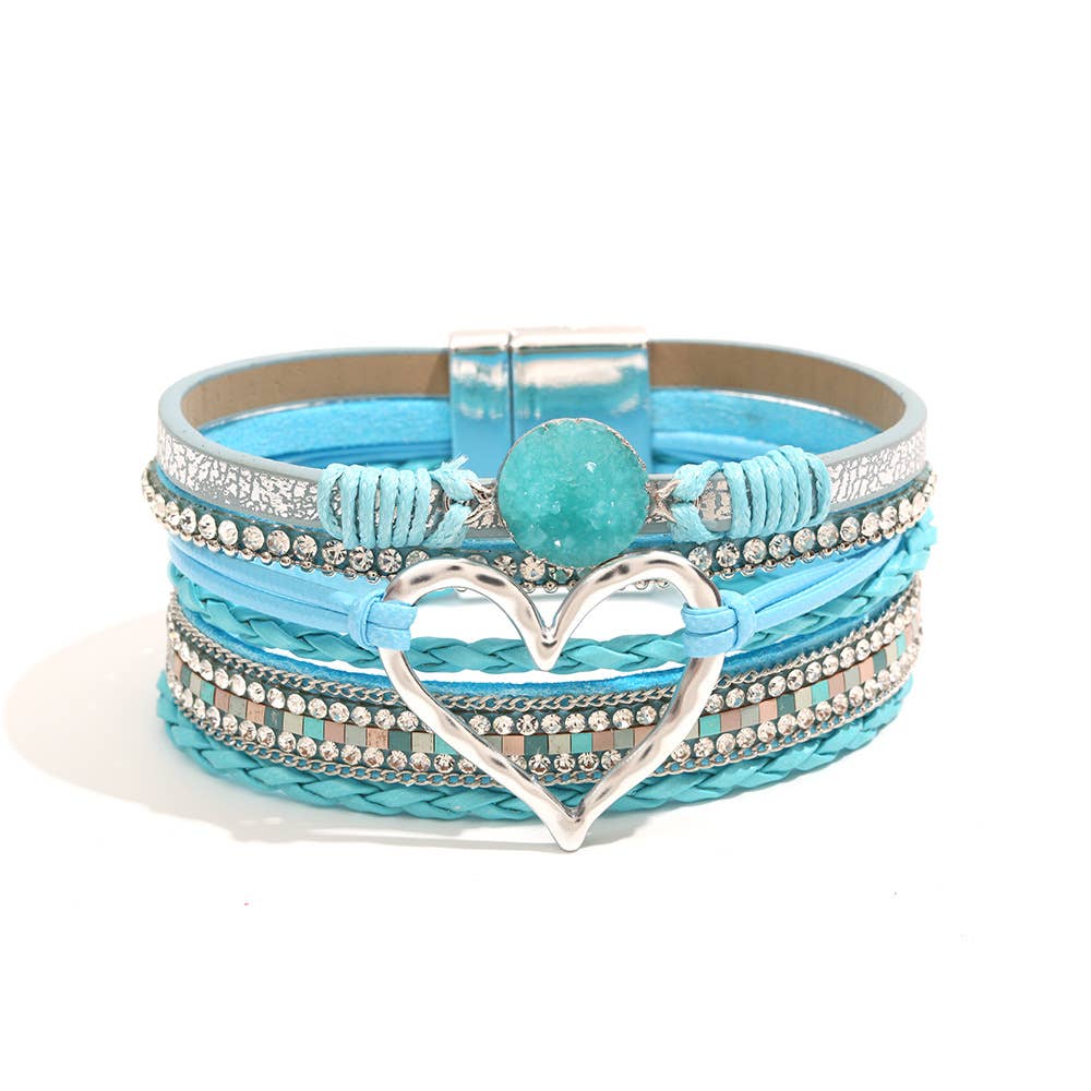 Boho Layered Heart Charm Rhinestone Magnetic Bracelet
