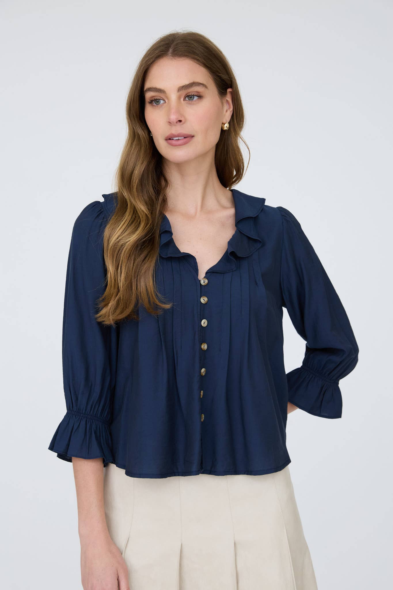 RUFFLED V NECK BUTTON DOWN 3/4 SLEEVE BLOUSE (PRE-ORDER)
