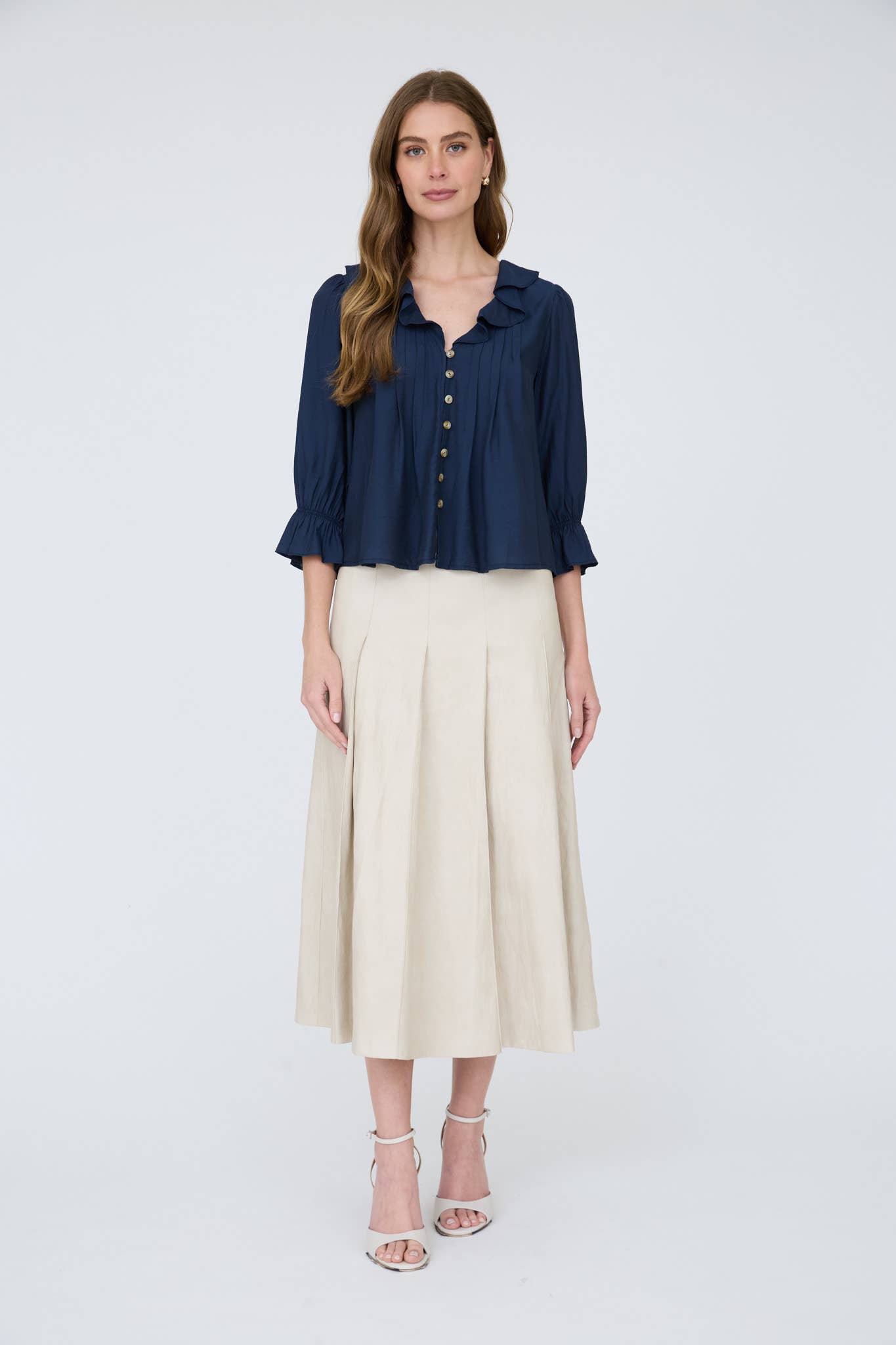 RUFFLED V NECK BUTTON DOWN 3/4 SLEEVE BLOUSE (PRE-ORDER)