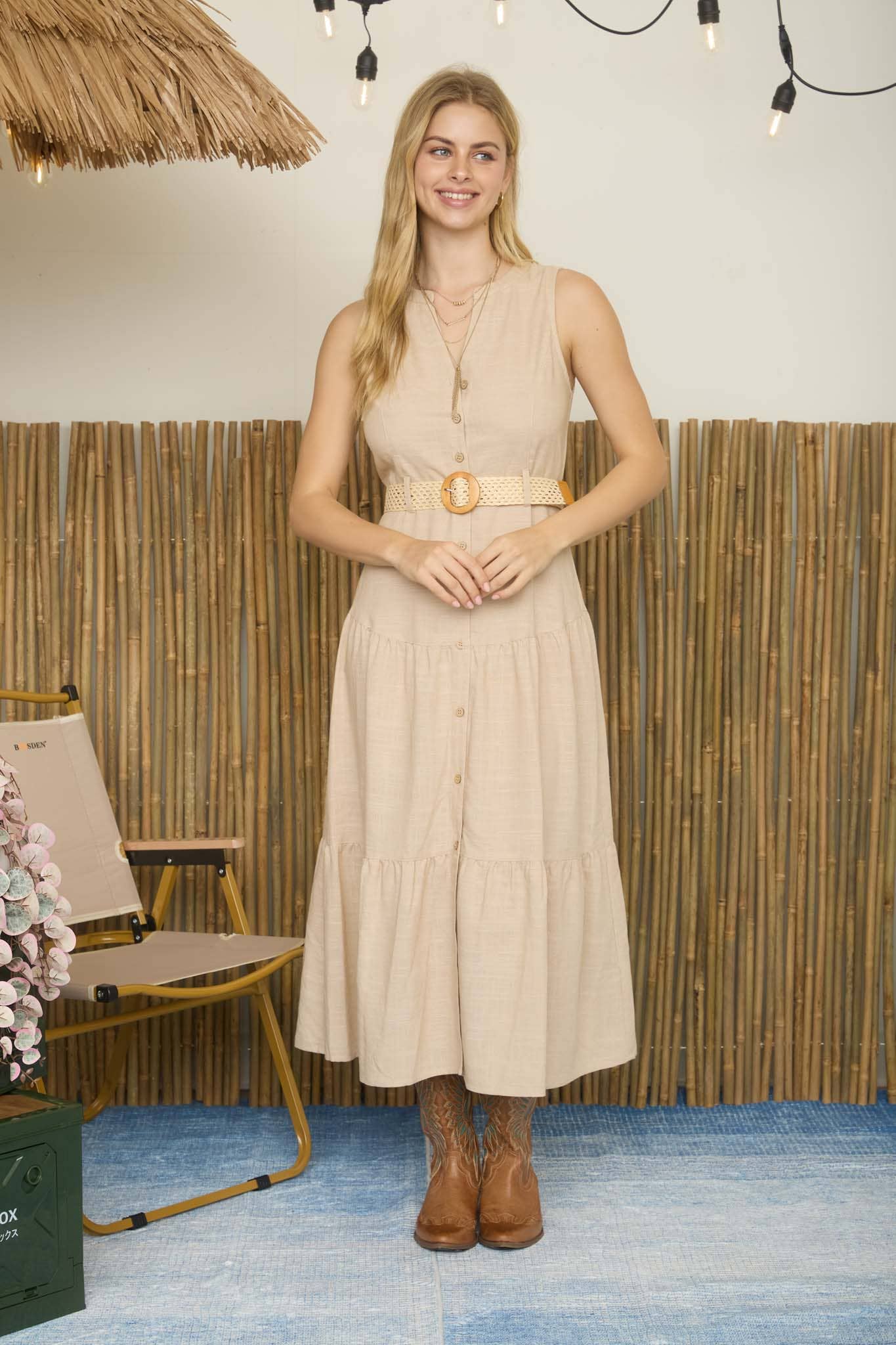 BUTTON DOWN SLEEVELESS BELTED TIERED MIDI DRESS