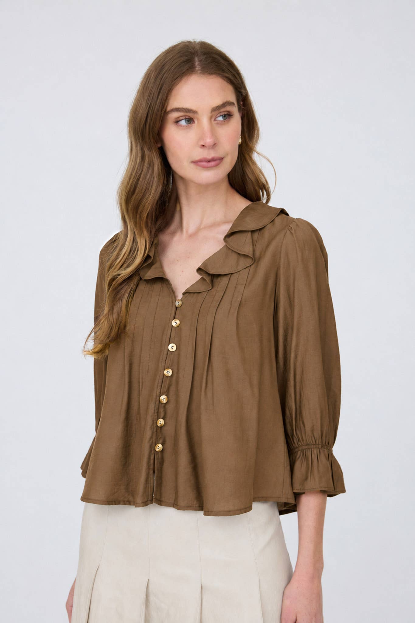 RUFFLED V NECK BUTTON DOWN 3/4 SLEEVE BLOUSE (PRE-ORDER)