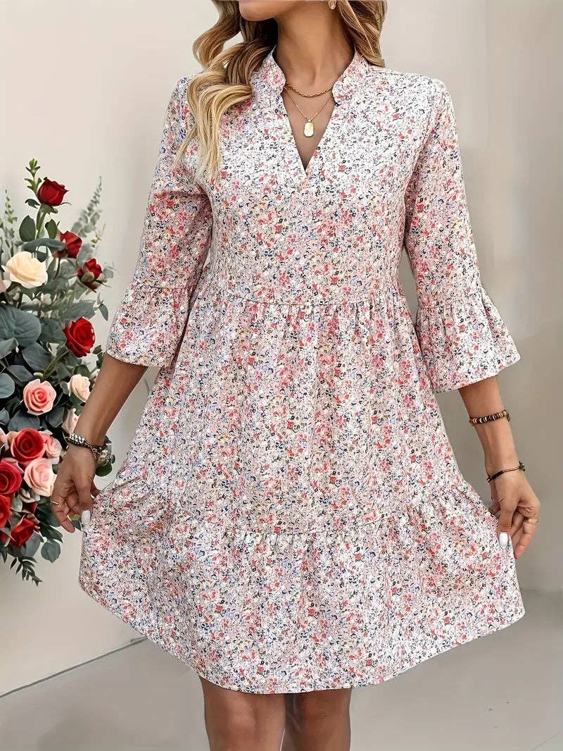 Coquette Flare Sleeve Ditsy Floral Relaxed Fall Mini Dress