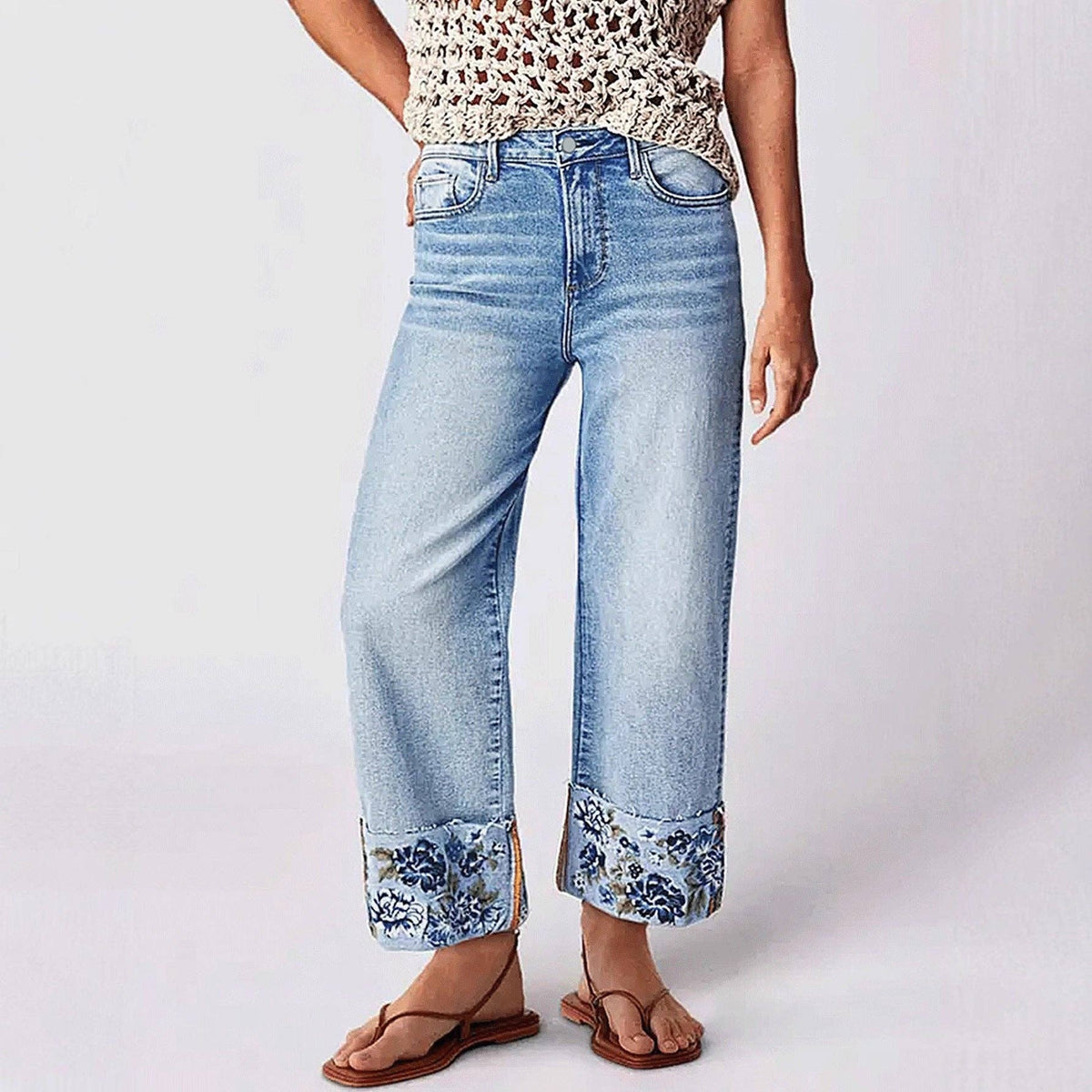 Women's Mid-Rise Straight Leg Jeans with Embroidered Cuffs