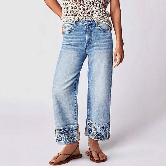 Women's Mid-Rise Straight Leg Jeans with Embroidered Cuffs