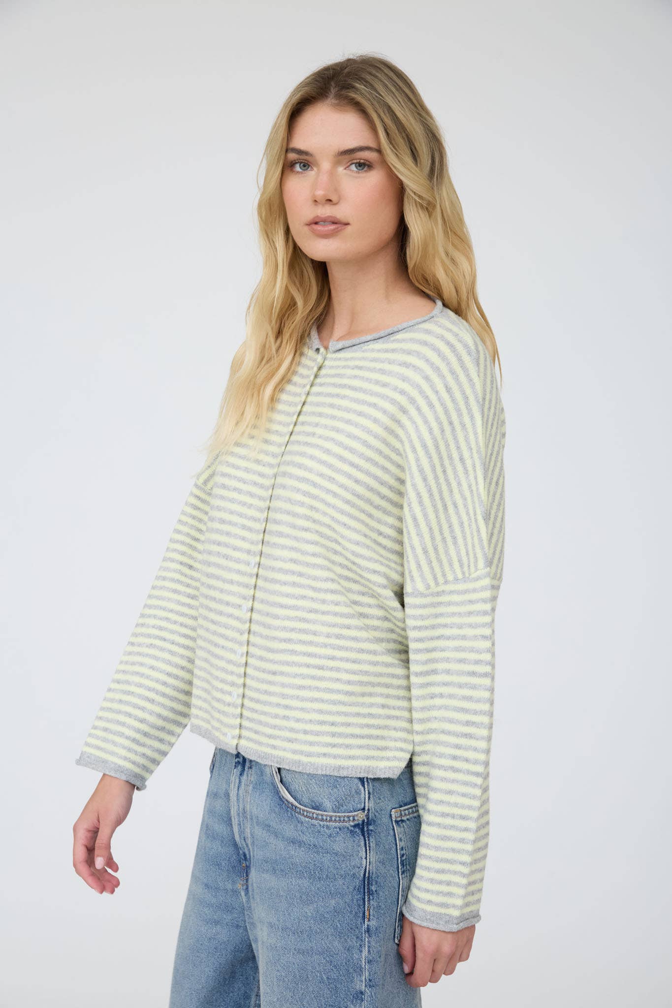STRIPE RAW EDGE DROP SHOULDER KNIT CARDIGAN