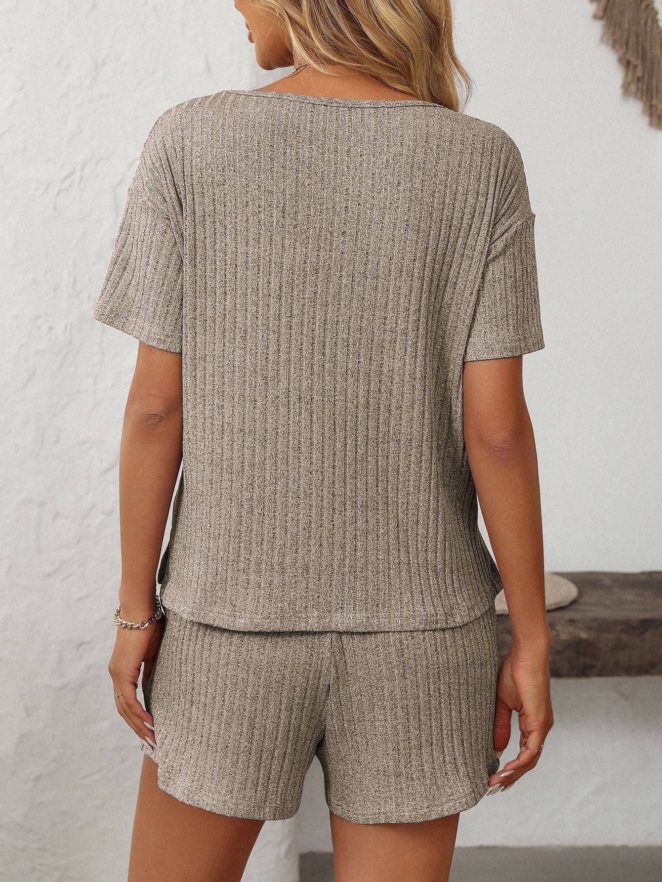 Solid Color Ribbed Short-Sleeve Pajama Loungewear Set