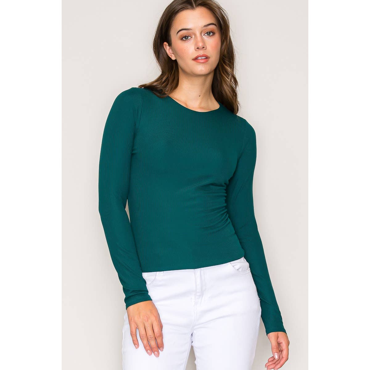 Double Layer Crew Neck Long Sleeve Rib Knit Top