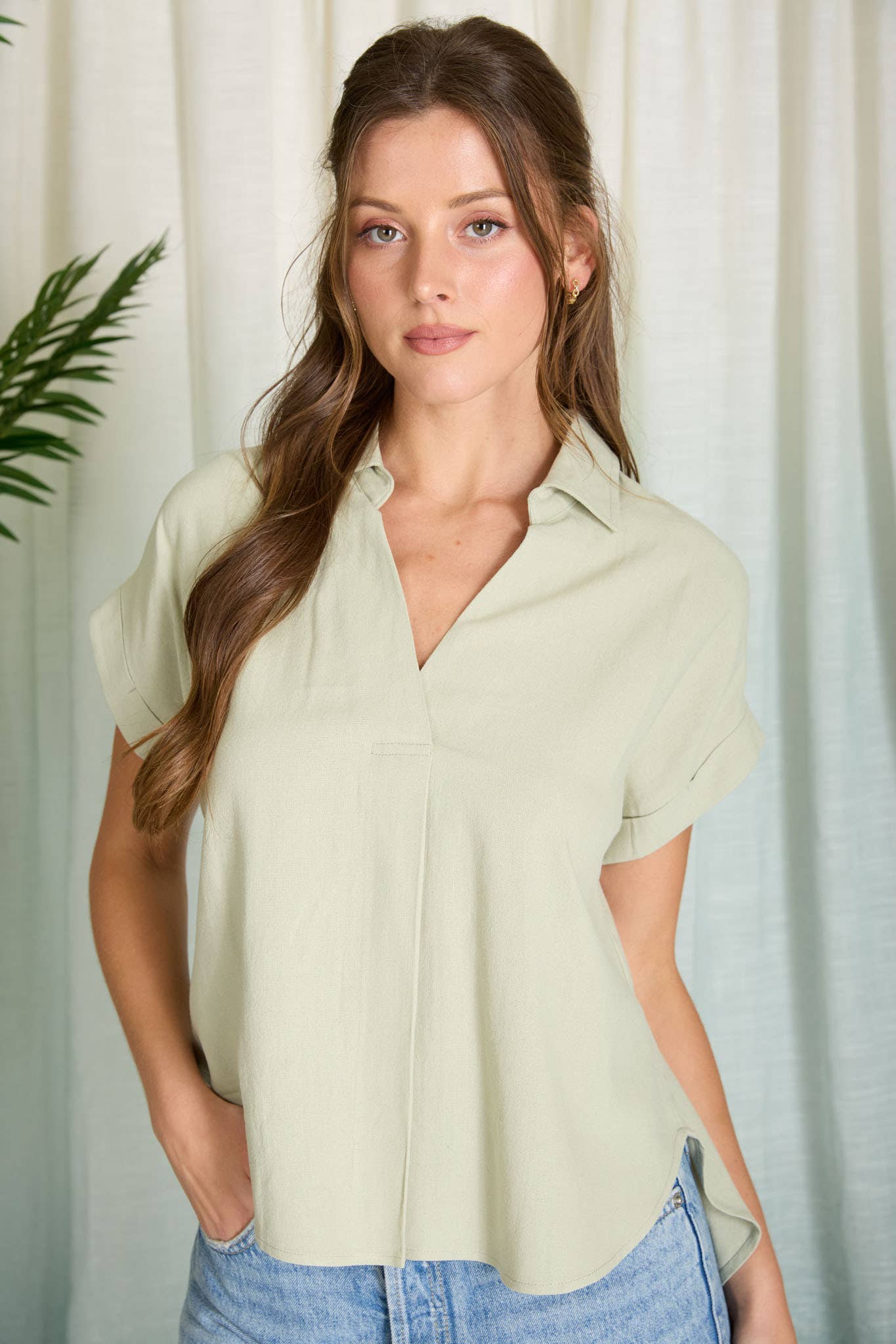 COLLARED SPLIT NECK CUFF SLEEVE U HEM LINEN TOP