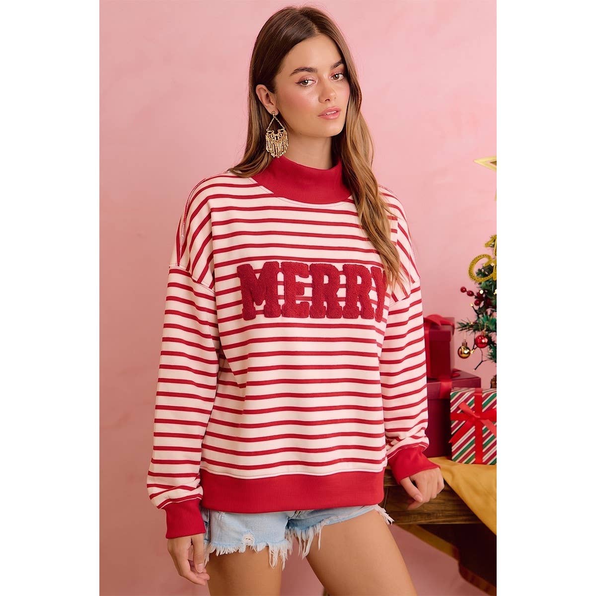 CHRISTMAS STRIPE AND MERRY PATCHWORK MOCK NECK TOP