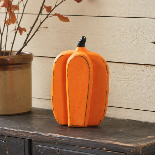 Rustic Orange Wooden Pumpkin Tabletop Figurine 8in