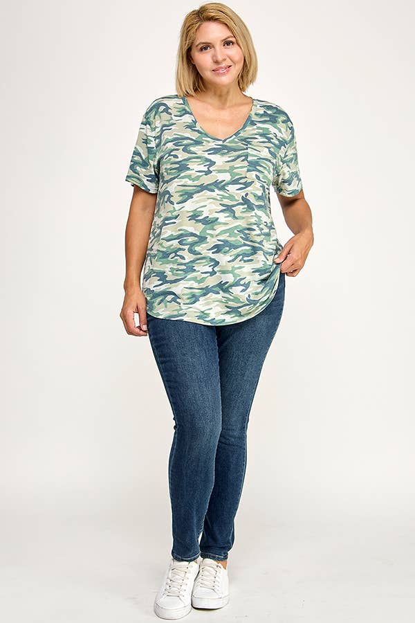 CAMOUFLAGE PRINT S/S WITH FRONT POCKET TOP