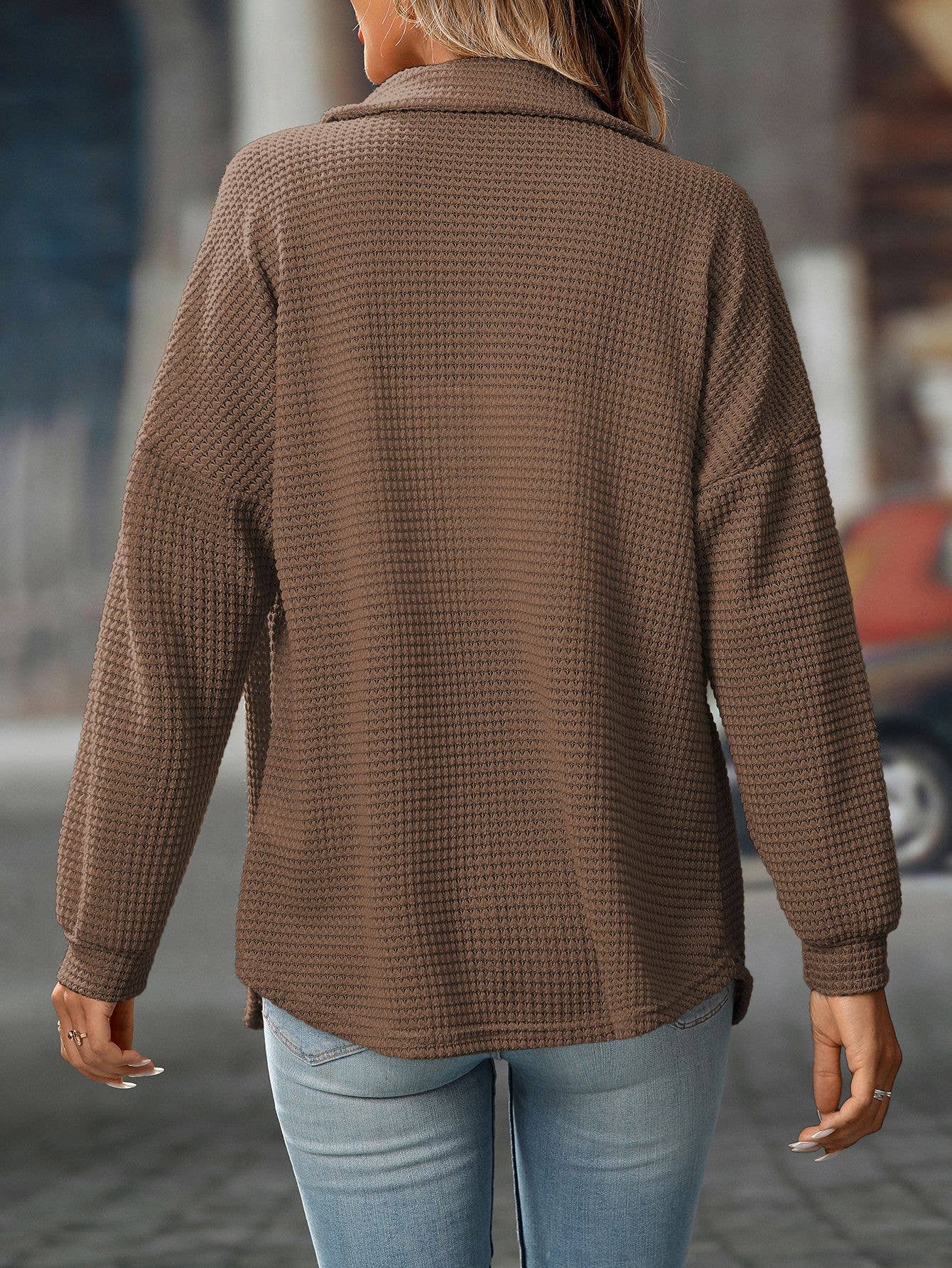 Waffle Knit Button Down Shacket Relaxed Fit Jacket