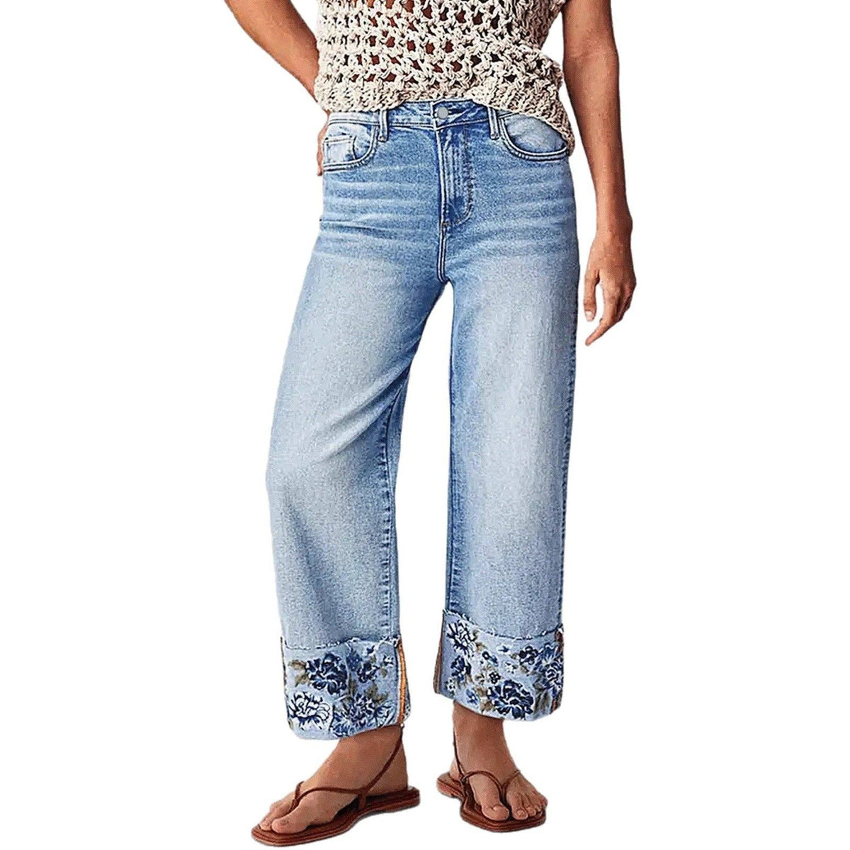 Women's Mid-Rise Straight Leg Jeans with Embroidered Cuffs