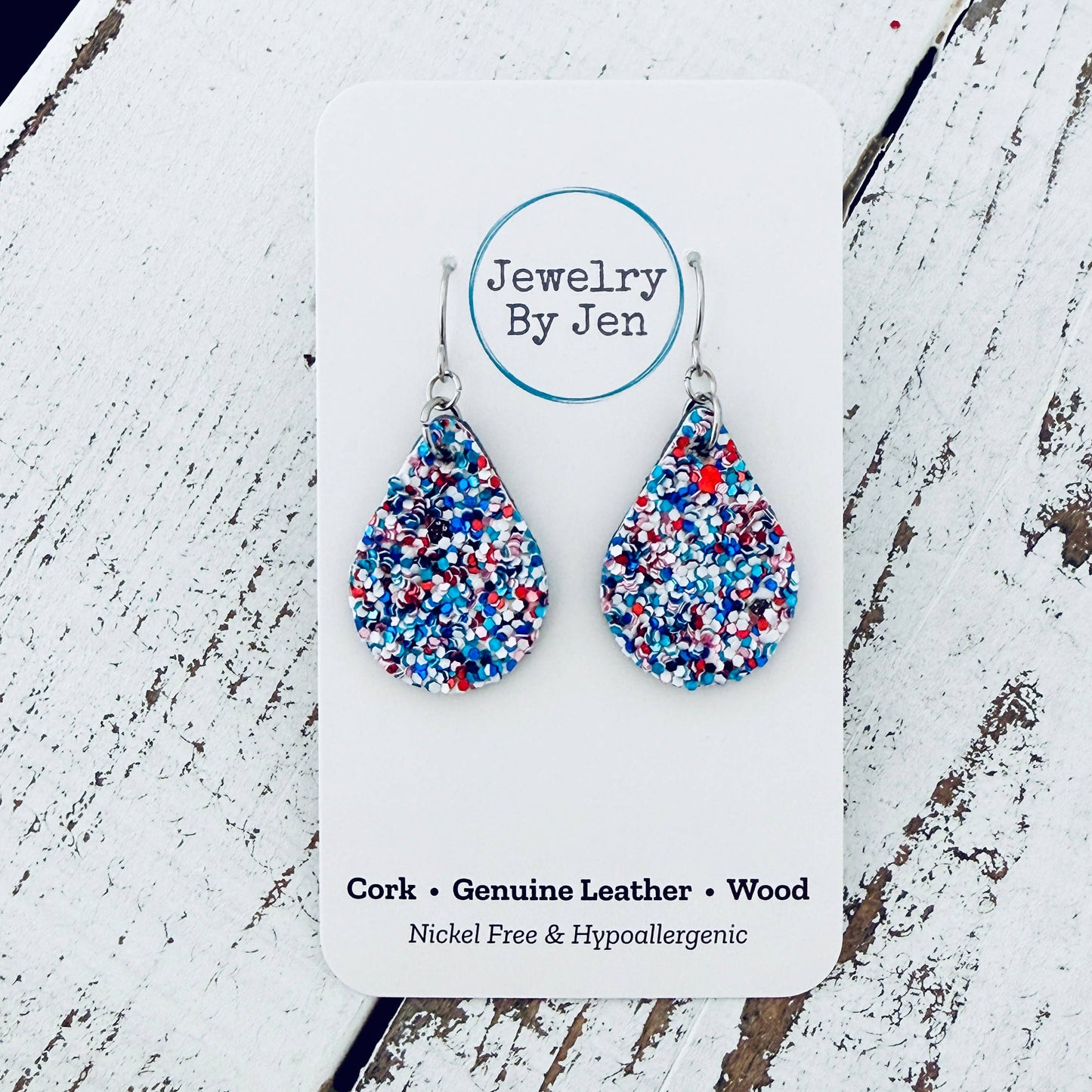 Small Teardrop Earrings: Red/White/Blue Glitter